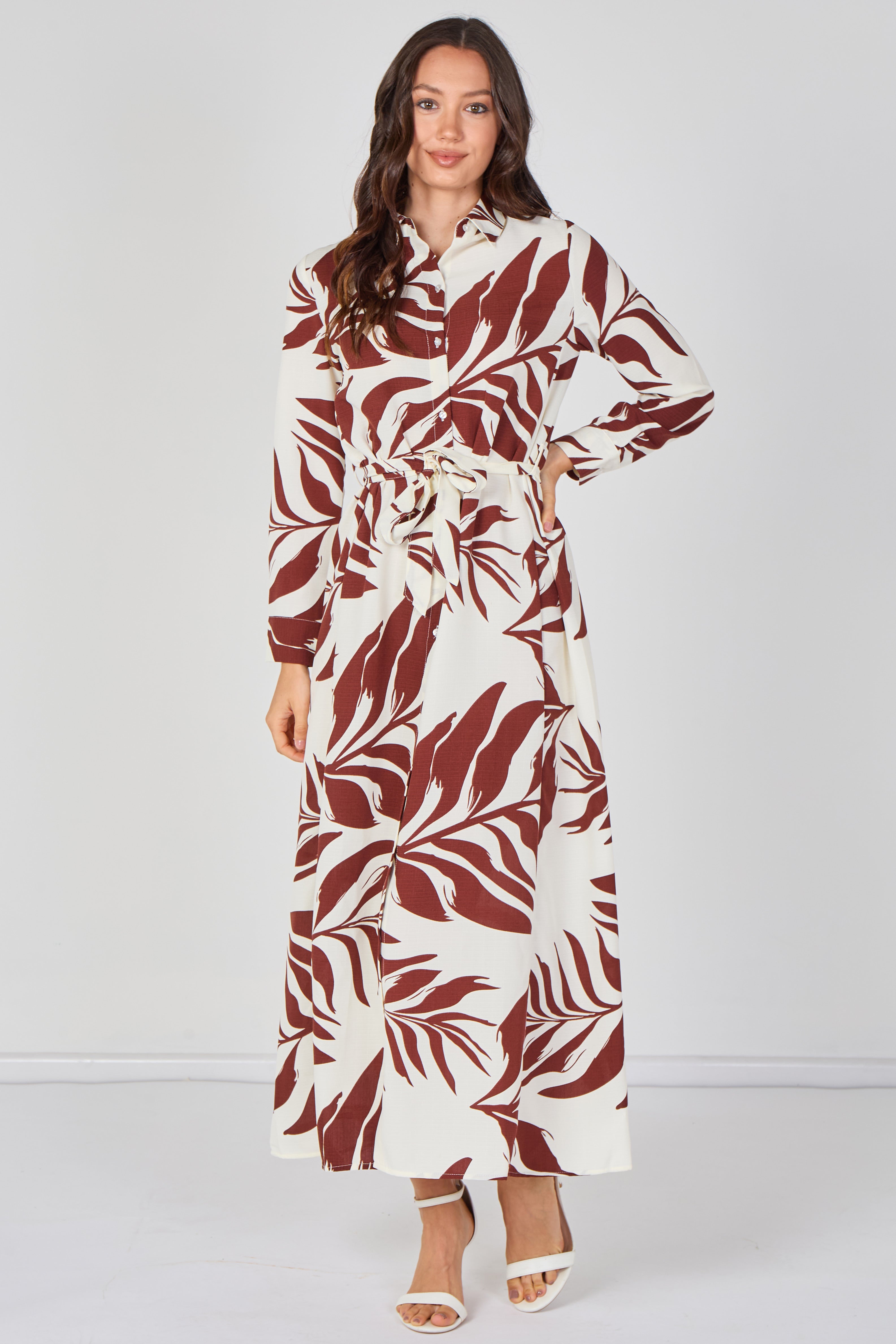 Rust Palm Print Belted Maxi Shirt Dress LS-2430LL-GM6