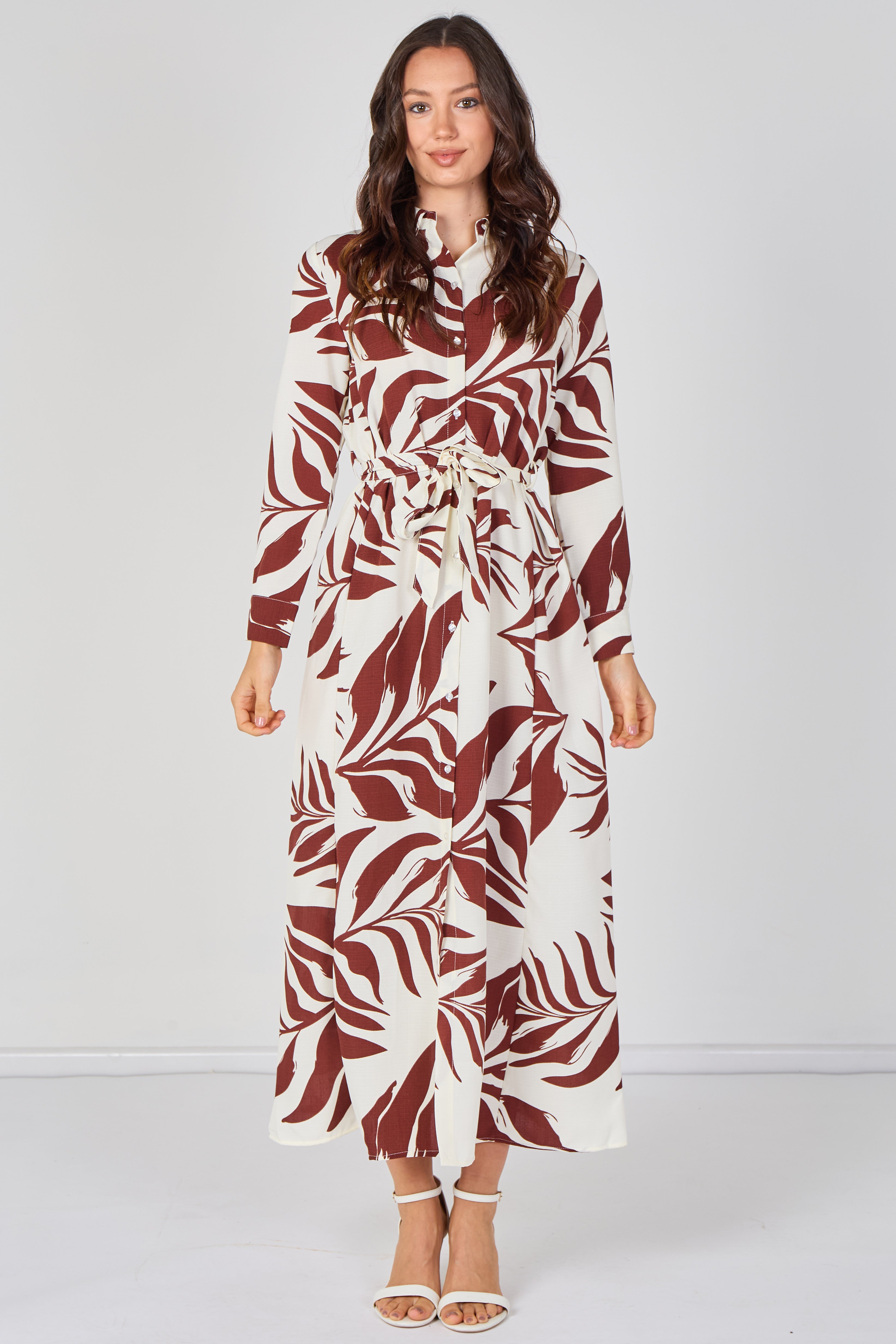 Rust Palm Print Belted Maxi Shirt Dress LS-2430LL-GM6