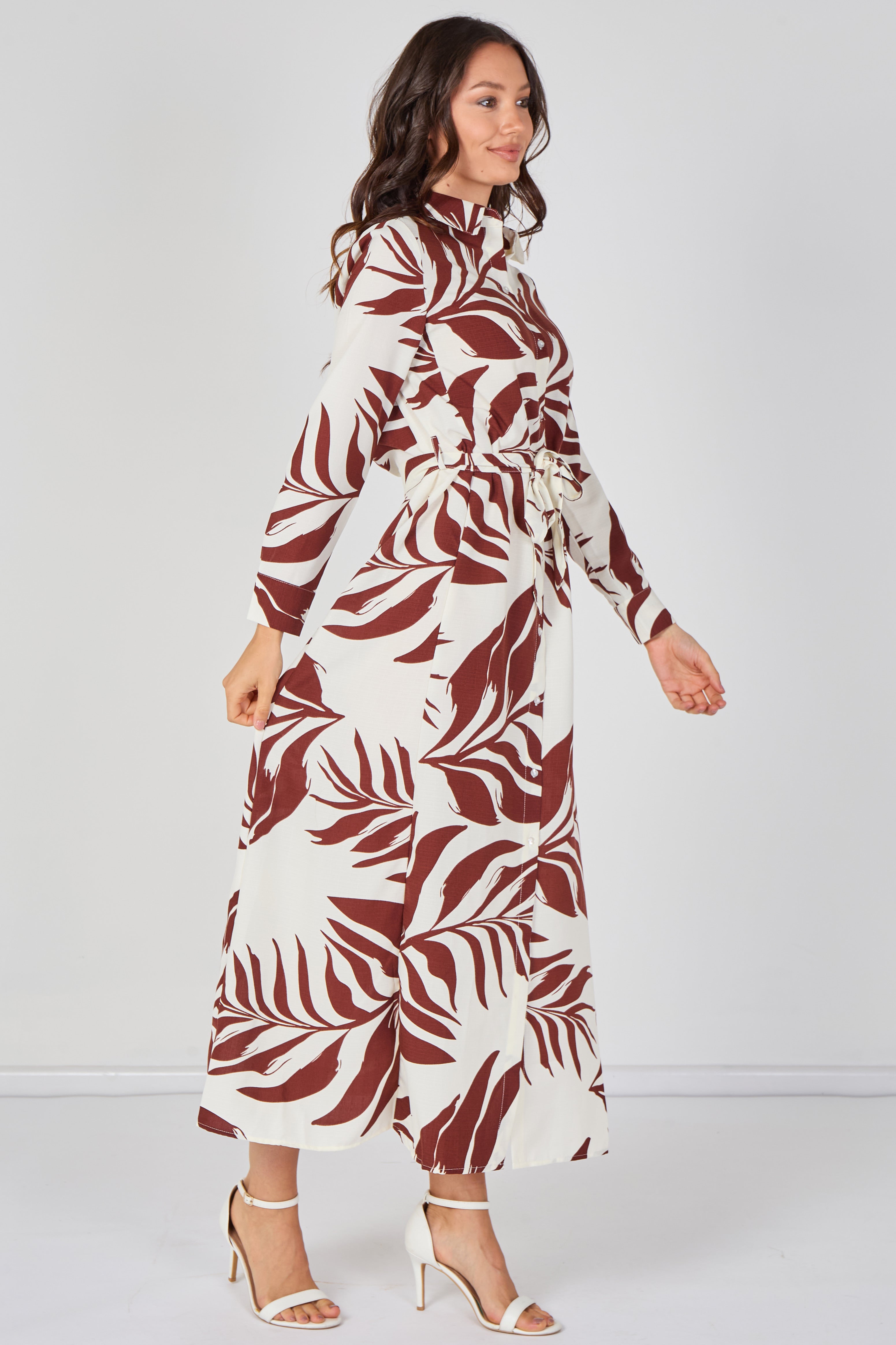 Rust Palm Print Belted Maxi Shirt Dress LS-2430LL-GM6