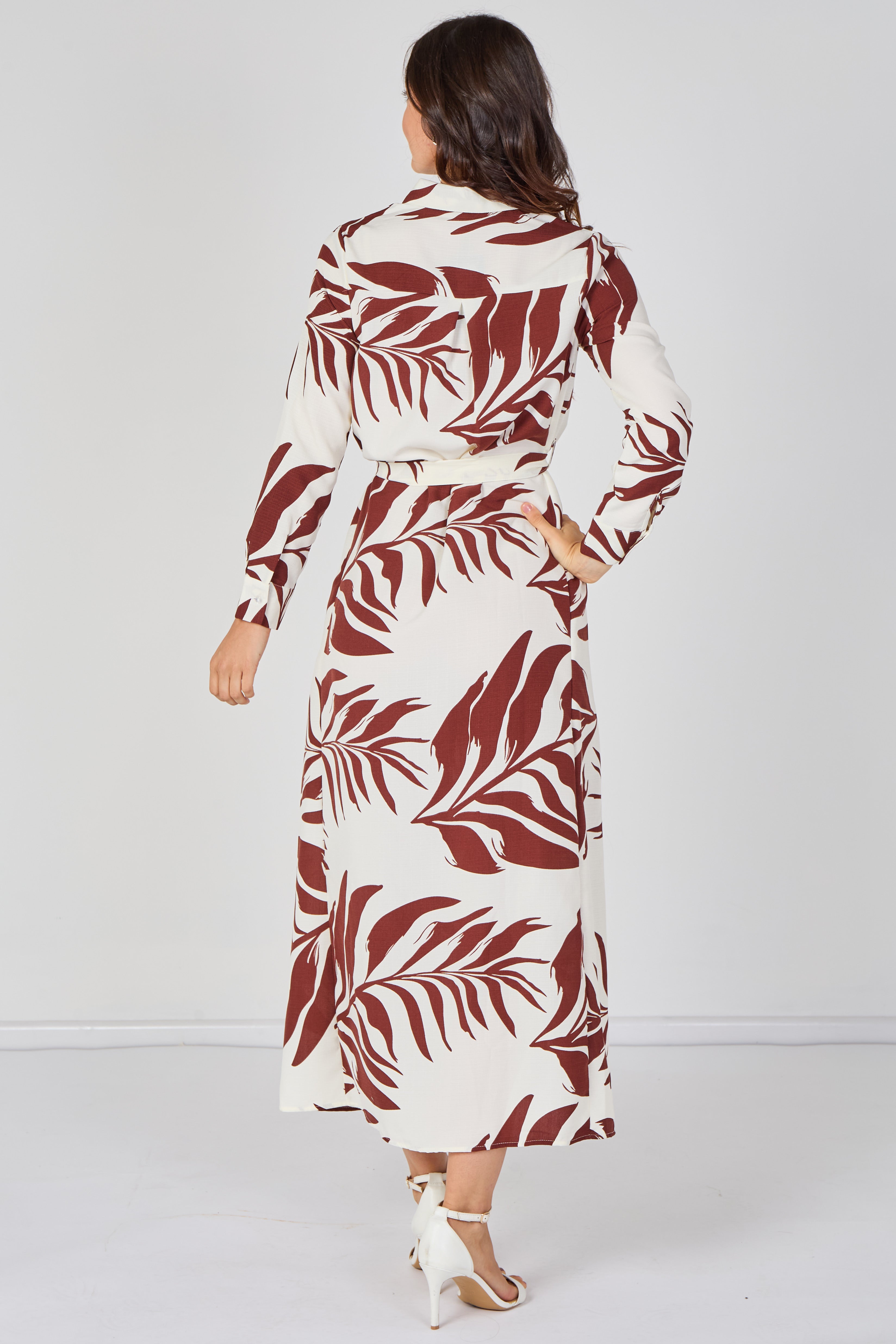 Rust Palm Print Belted Maxi Shirt Dress LS-2430LL-GM6
