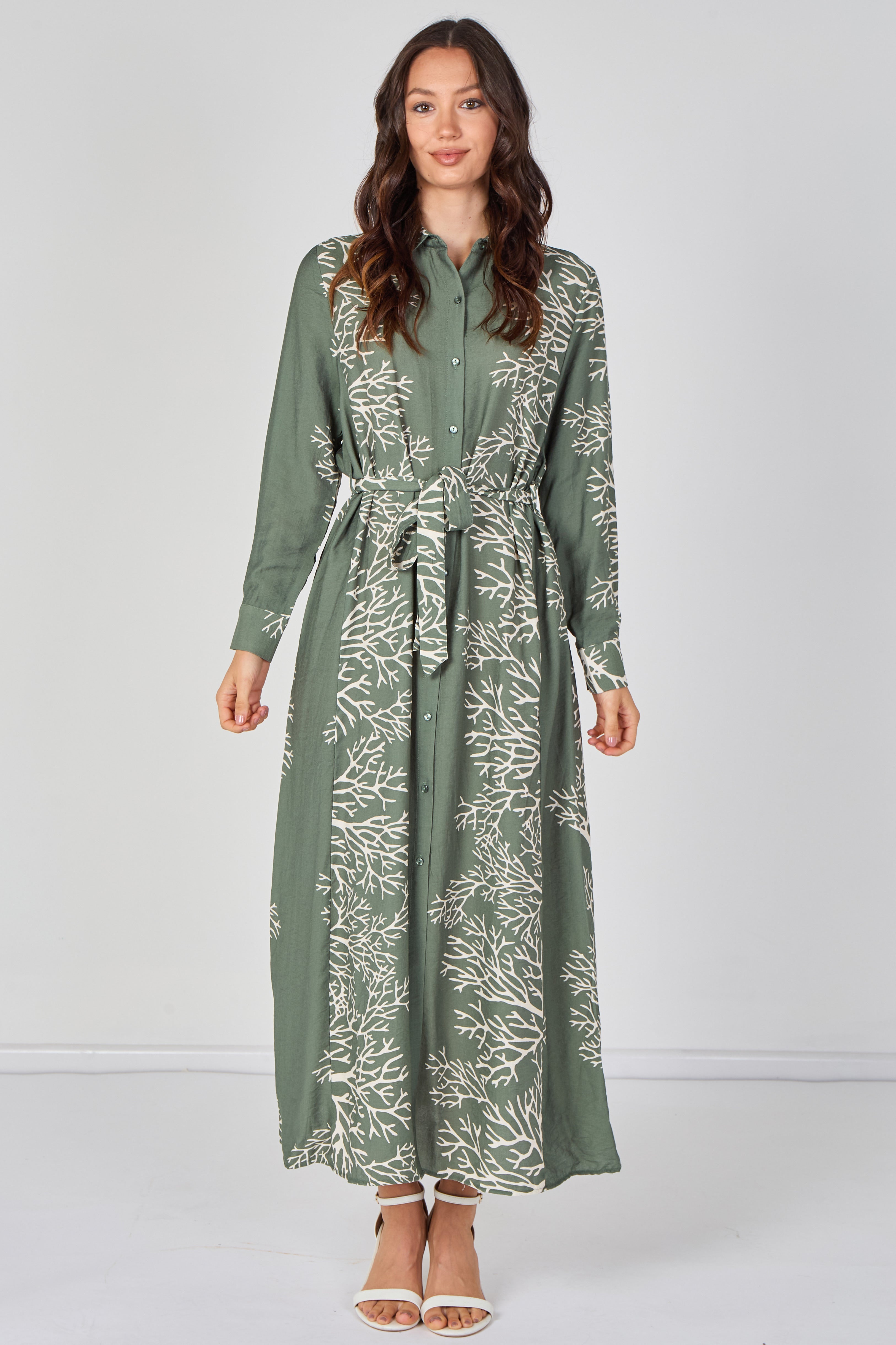 Sage Coral Print Belted Maxi Shirt Dress LS-2430LL-GM7