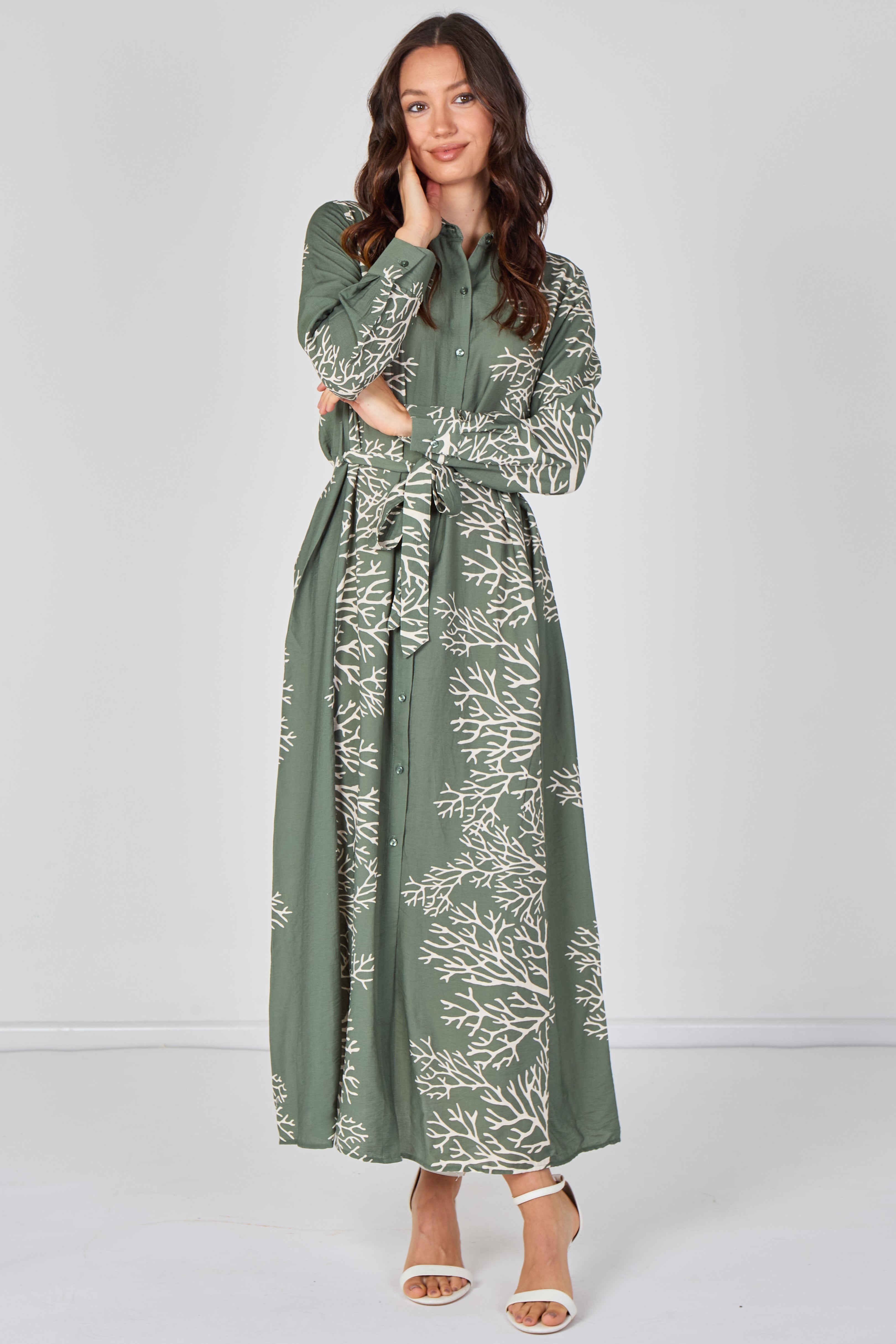 Sage Coral Print Belted Maxi Shirt Dress LS-2430LL-GM7