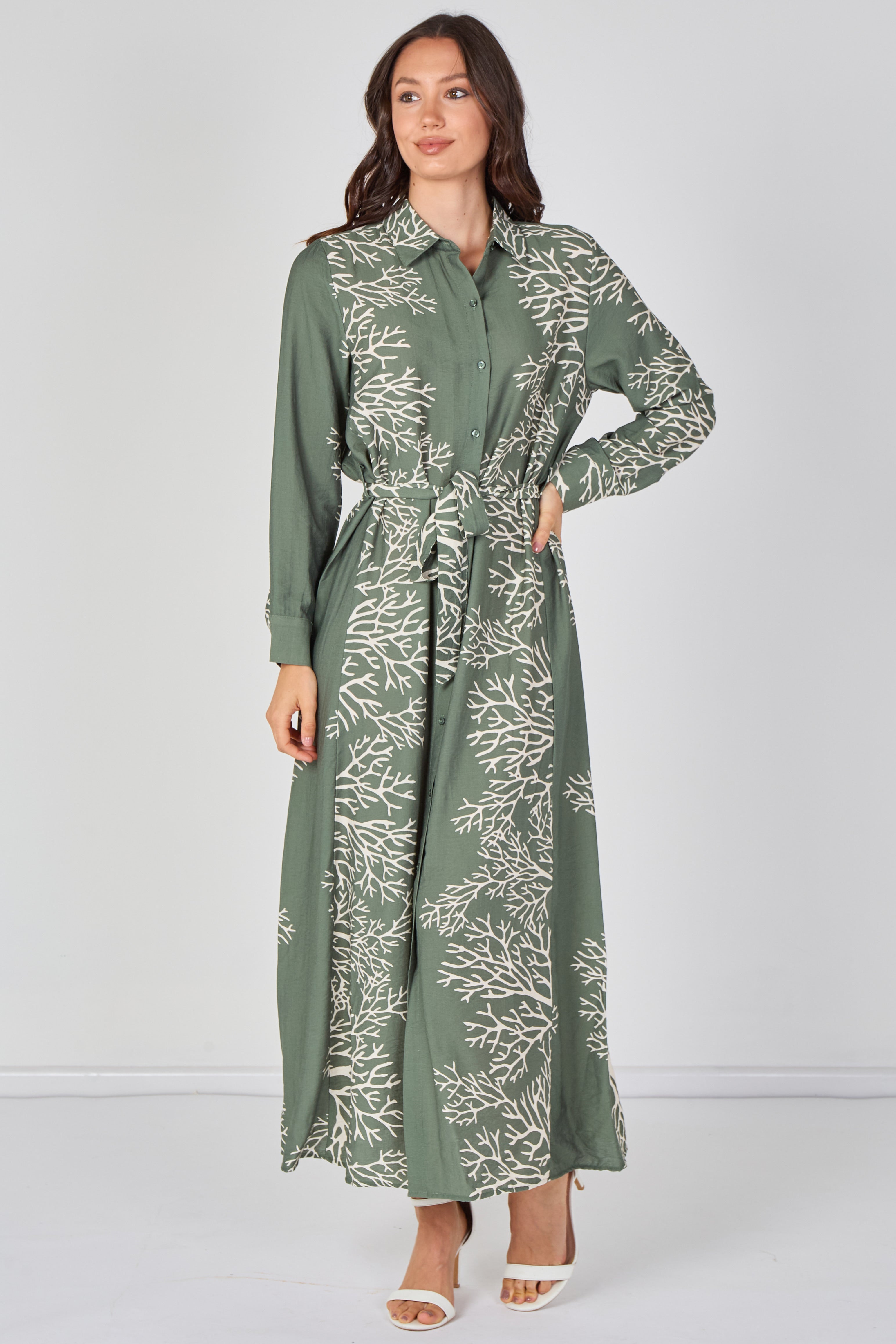 Sage Coral Print Belted Maxi Shirt Dress LS-2430LL-GM7