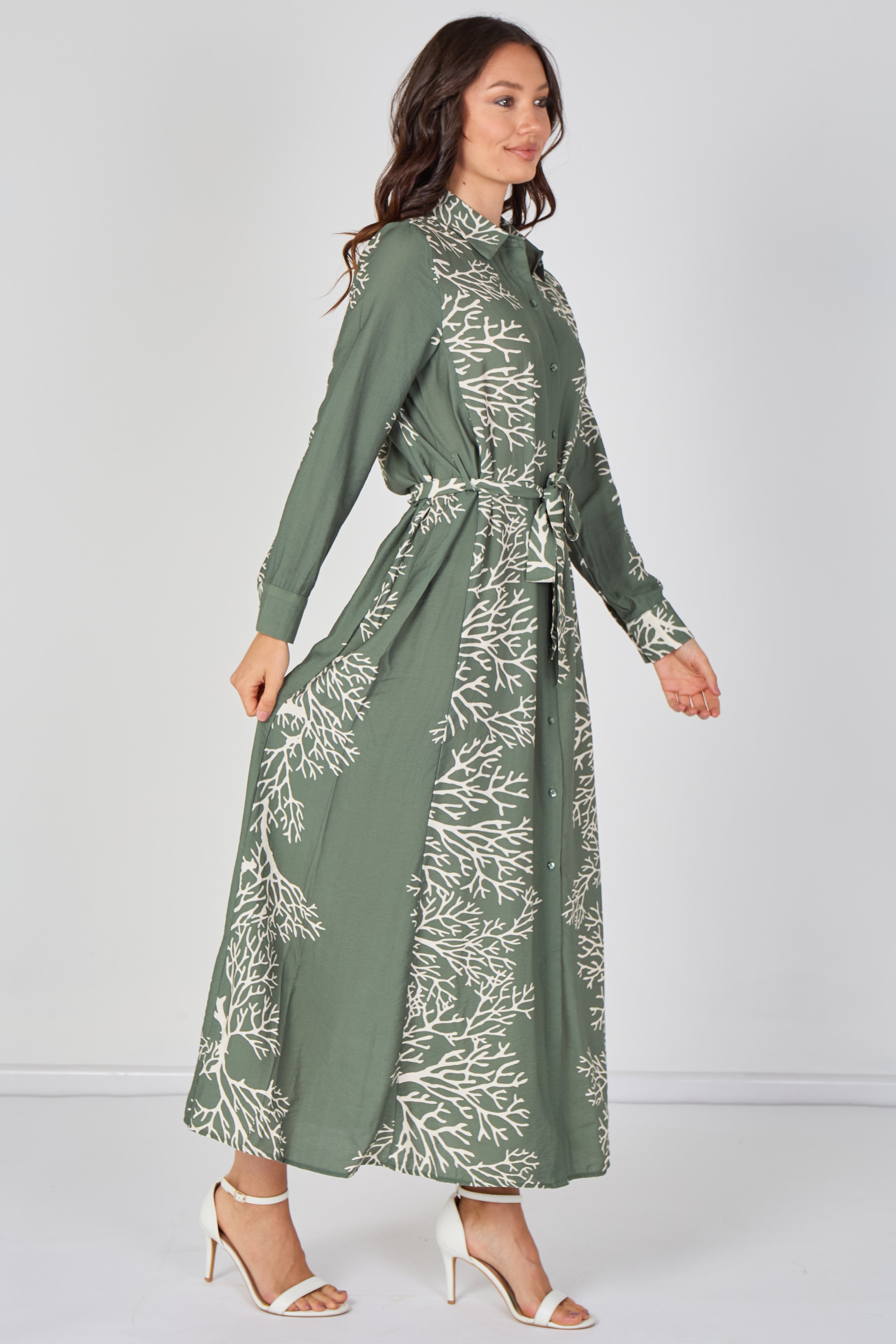 Sage Coral Print Belted Maxi Shirt Dress LS-2430LL-GM7