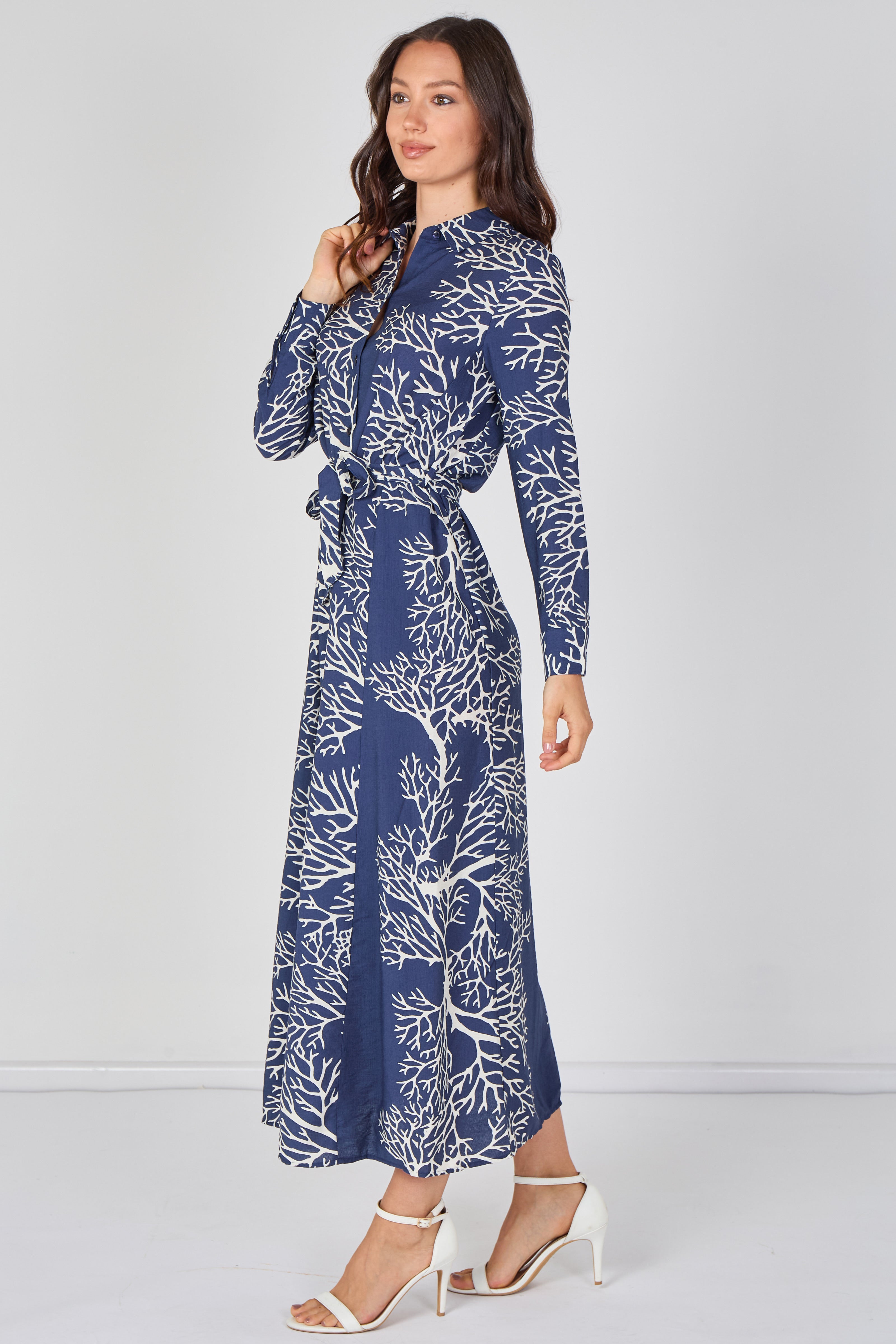 Navy Coral Print Belted Maxi Shirt Dress LS-2430LL-GM8