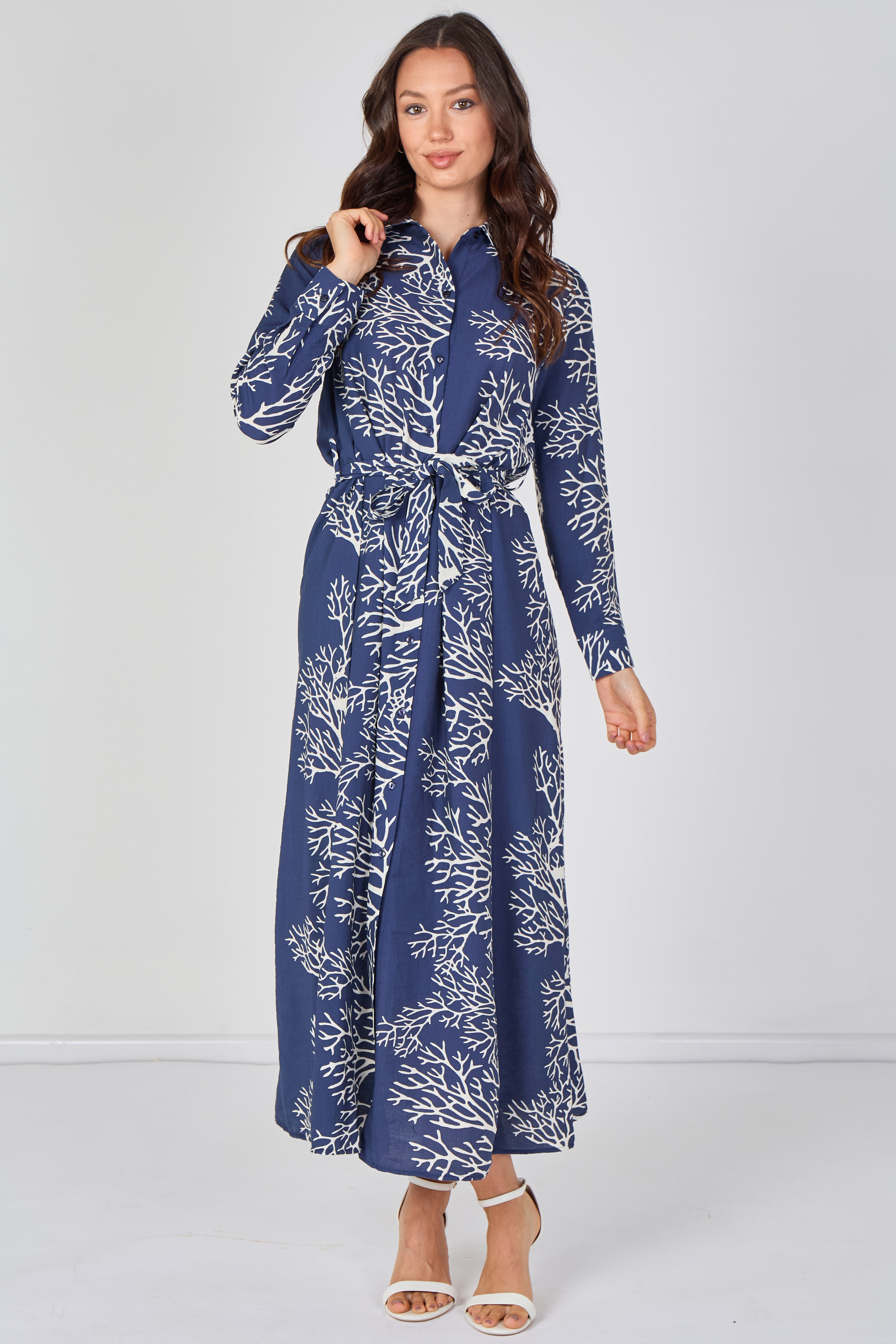 Navy Coral Print Belted Maxi Shirt Dress LS-2430LL-GM8