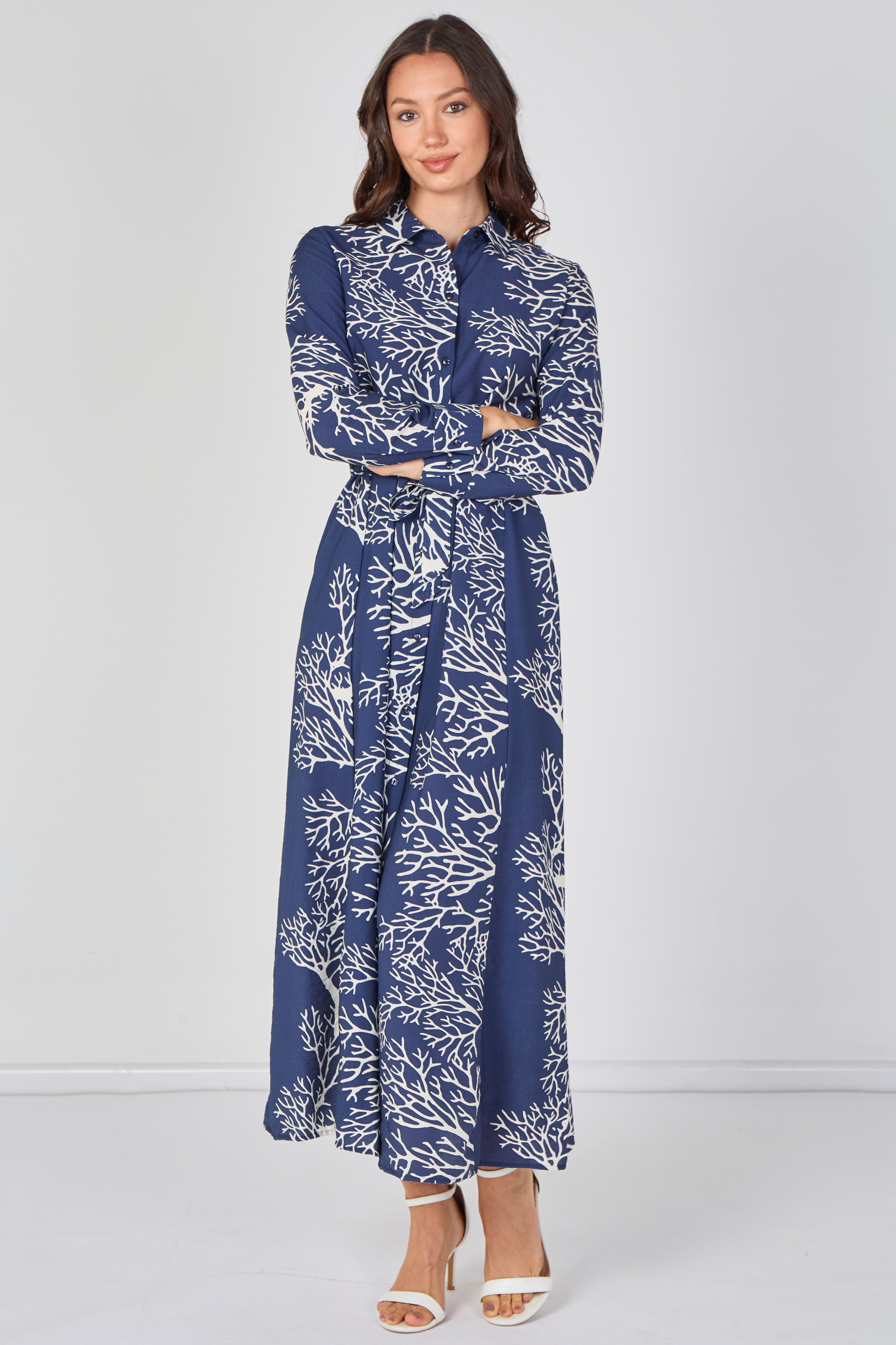 Navy Coral Print Belted Maxi Shirt Dress LS-2430LL-GM8