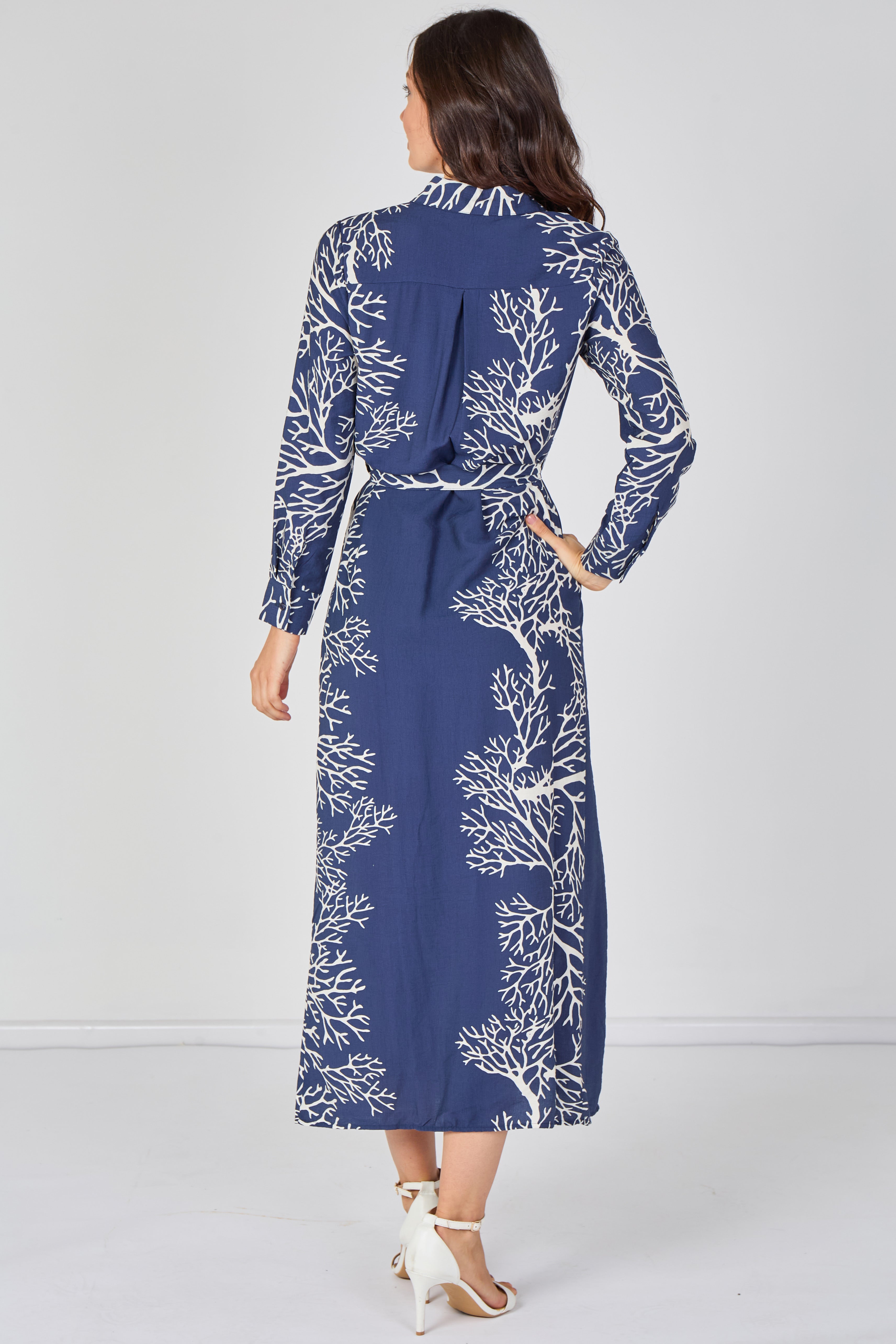 Navy Coral Print Belted Maxi Shirt Dress LS-2430LL-GM8