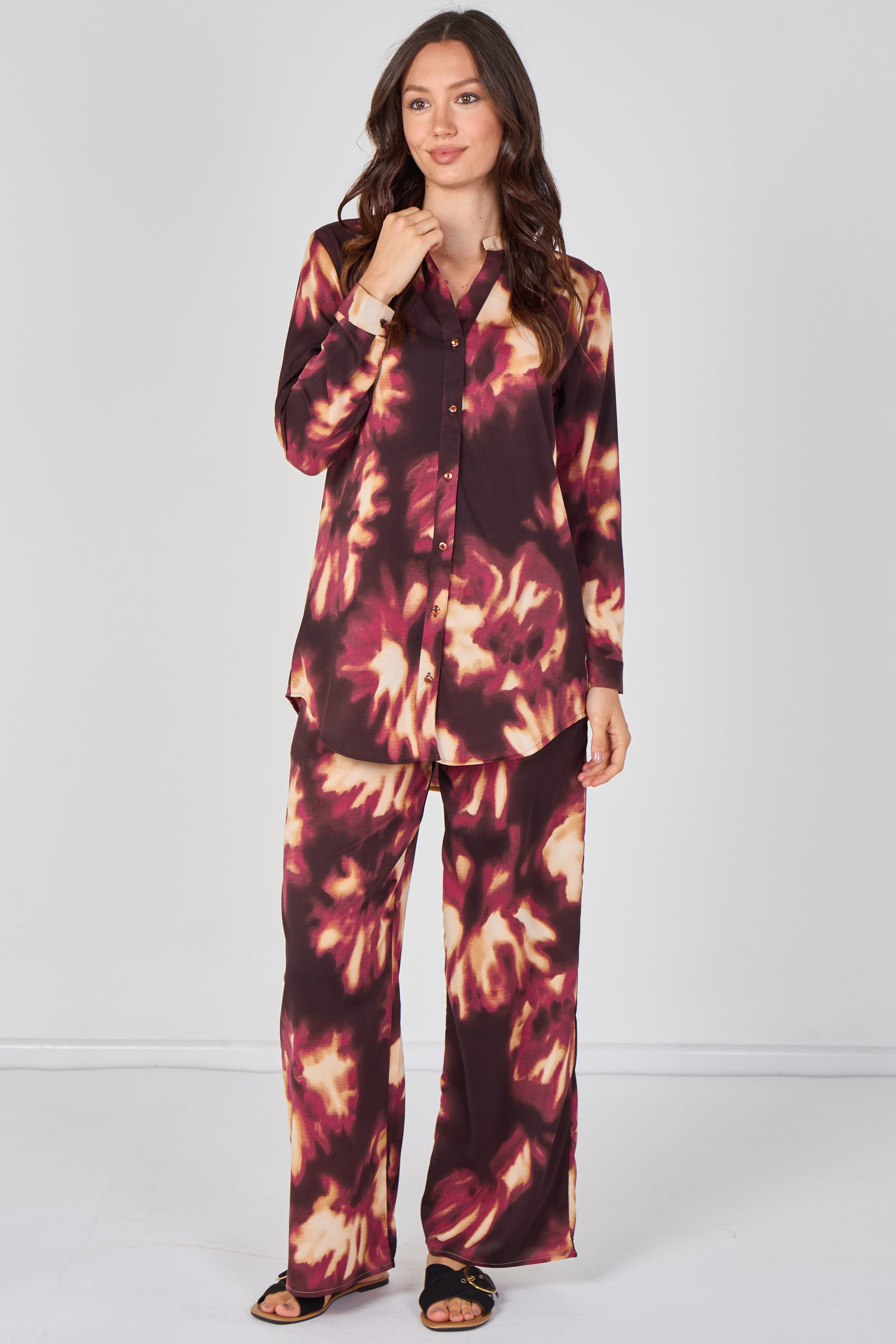 Burgundy Abstract Print Shirt And Trouser Co-Ord Set LS-2522&9057-TY8