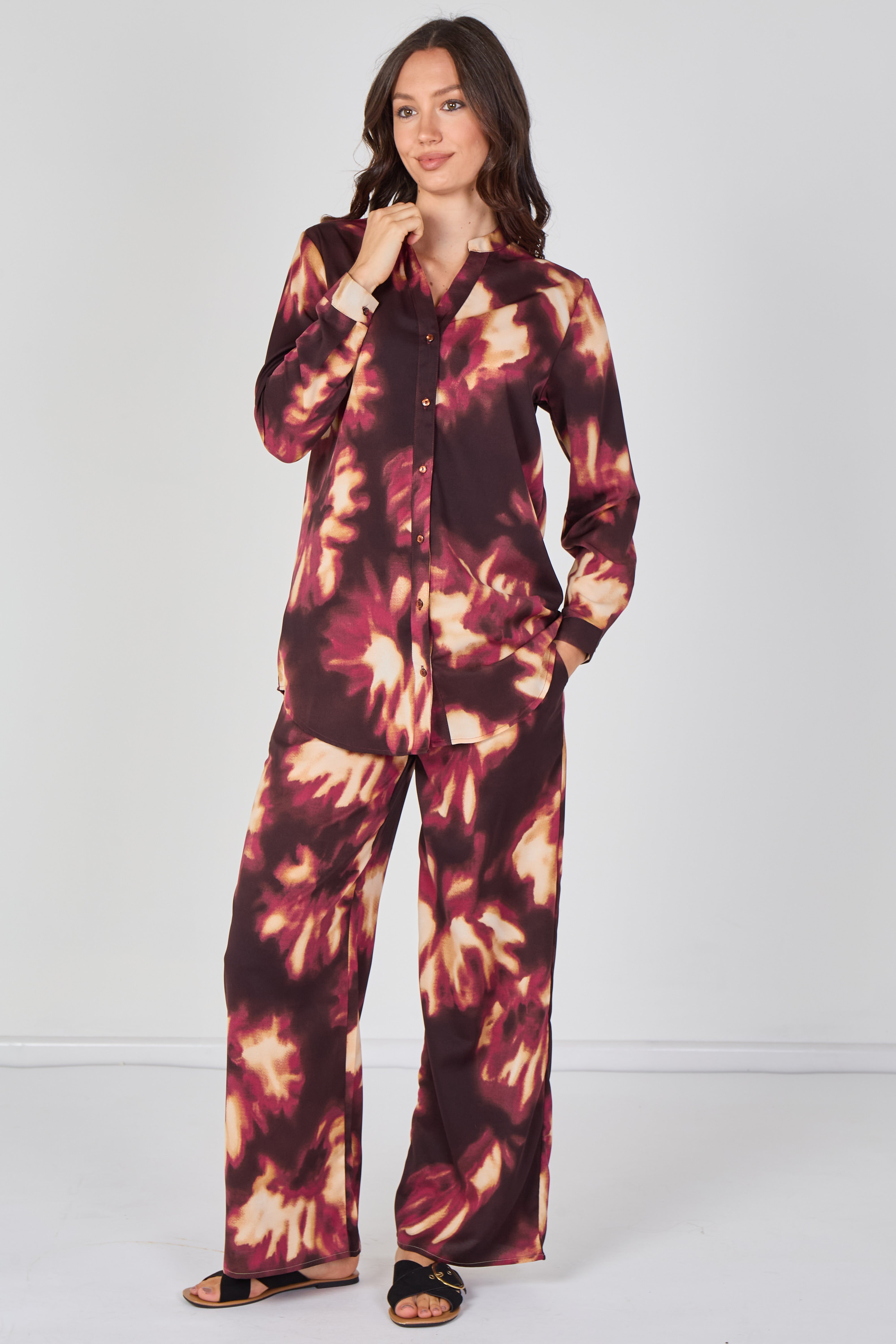 Burgundy Abstract Print Shirt And Trouser Co-Ord Set LS-2522&9057-TY8