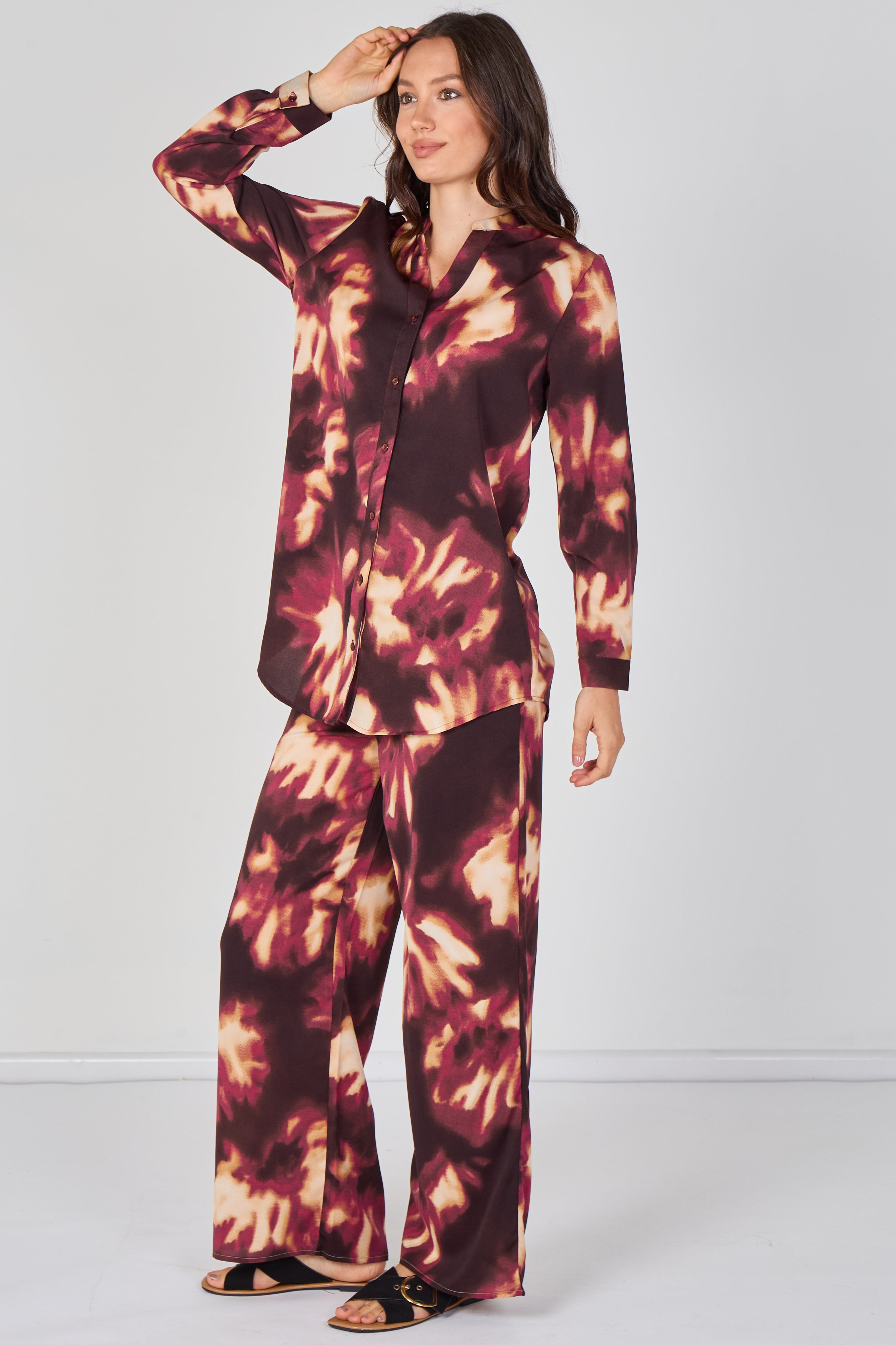 Burgundy Abstract Print Shirt And Trouser Co-Ord Set LS-2522&9057-TY8