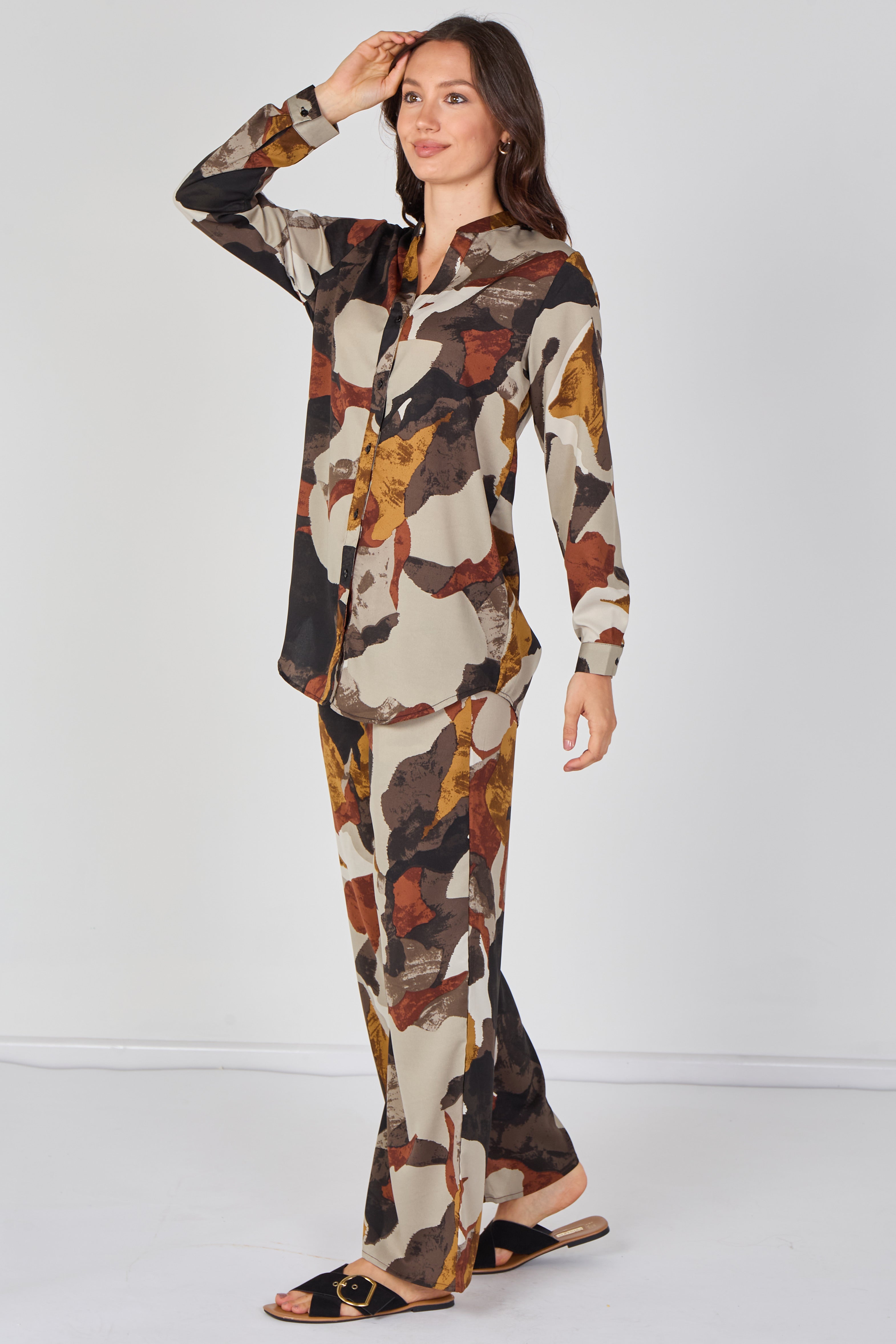 Taupe Abstract Print Shirt And Trouser Co-Ord Set LS-2522&9057-TY9