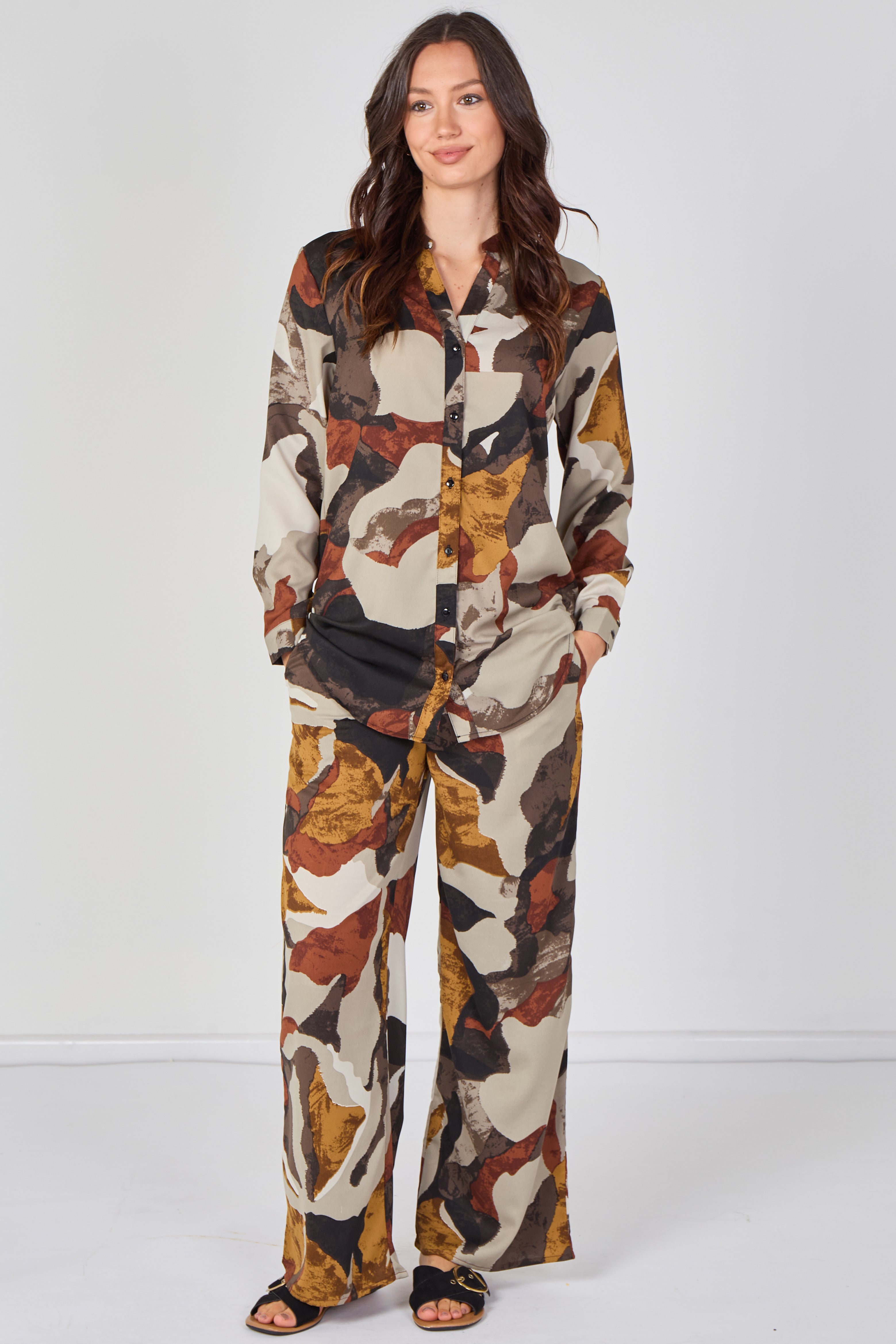 Taupe Abstract Print Shirt And Trouser Co-Ord Set LS-2522&9057-TY9