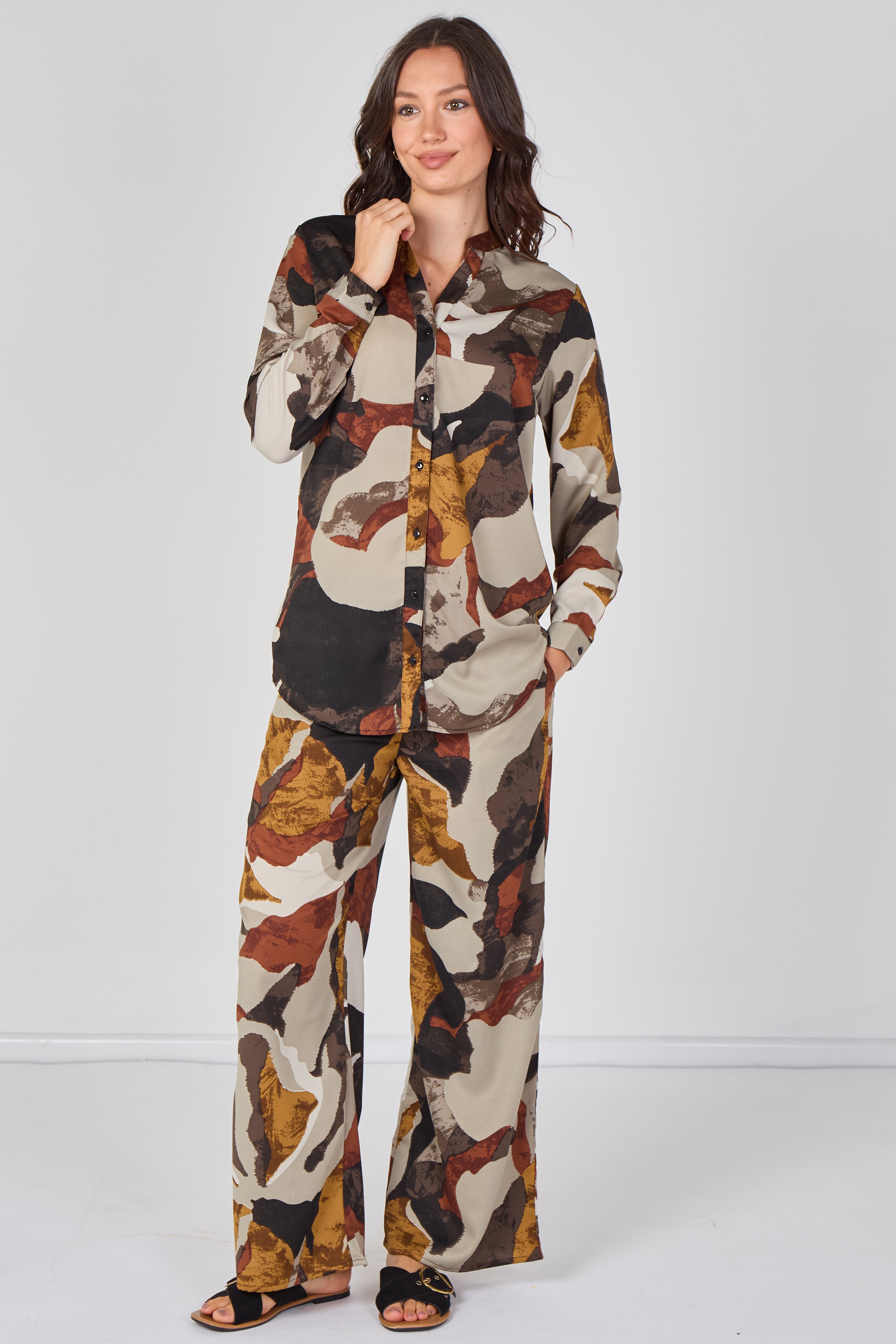 Taupe Abstract Print Shirt And Trouser Co-Ord Set LS-2522&9057-TY9