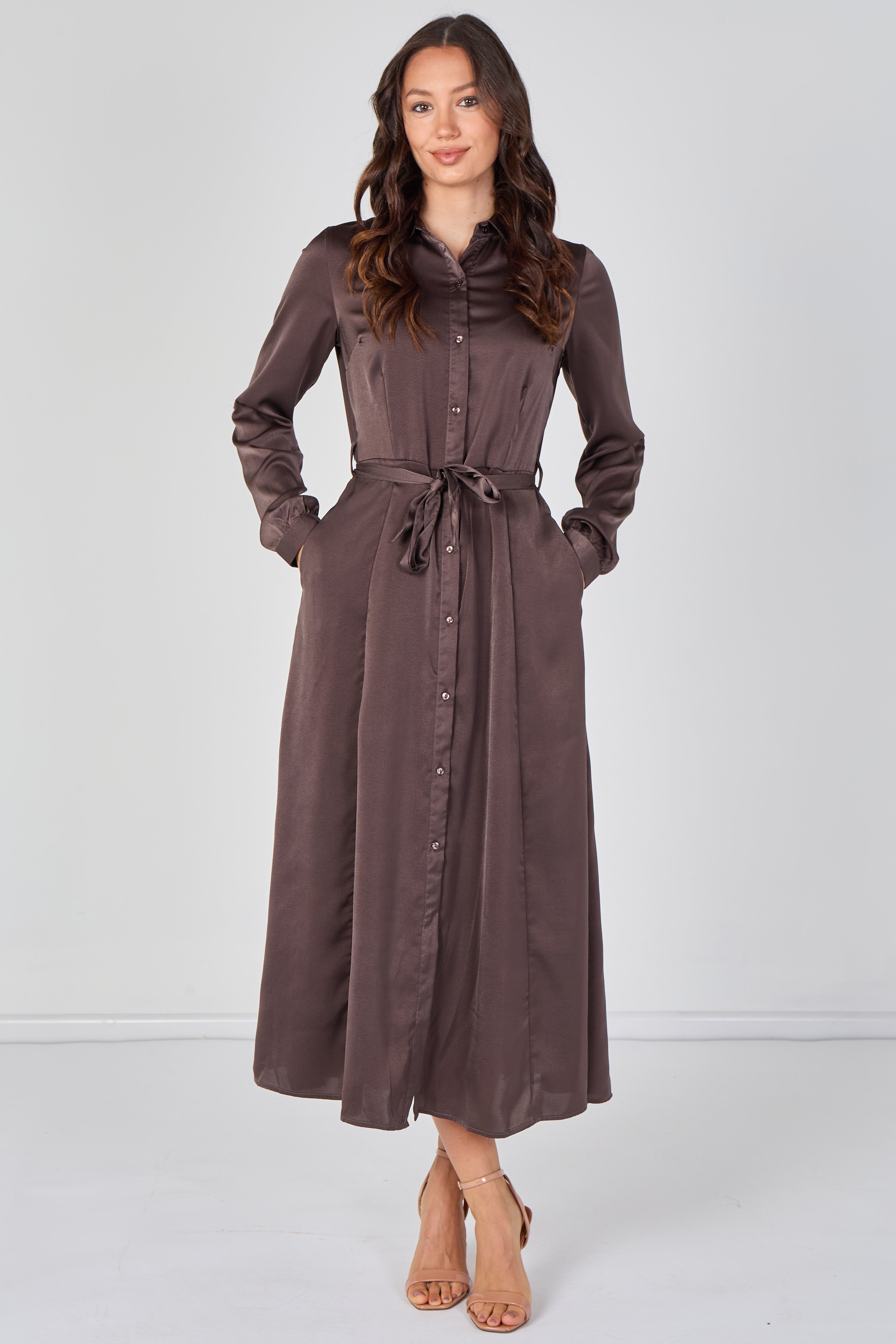Mocha Brown Velvety Satin Belted Maxi Shirt Dress LS-2443L-CSR-156