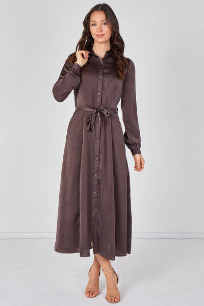 Brown - Mocha Brown Velvety Satin Belted Maxi Shirt Dress by LOVE SUNSHINE