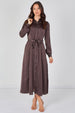 Mocha Brown Velvety Satin Belted Maxi Shirt Dress by LOVE SUNSHINE