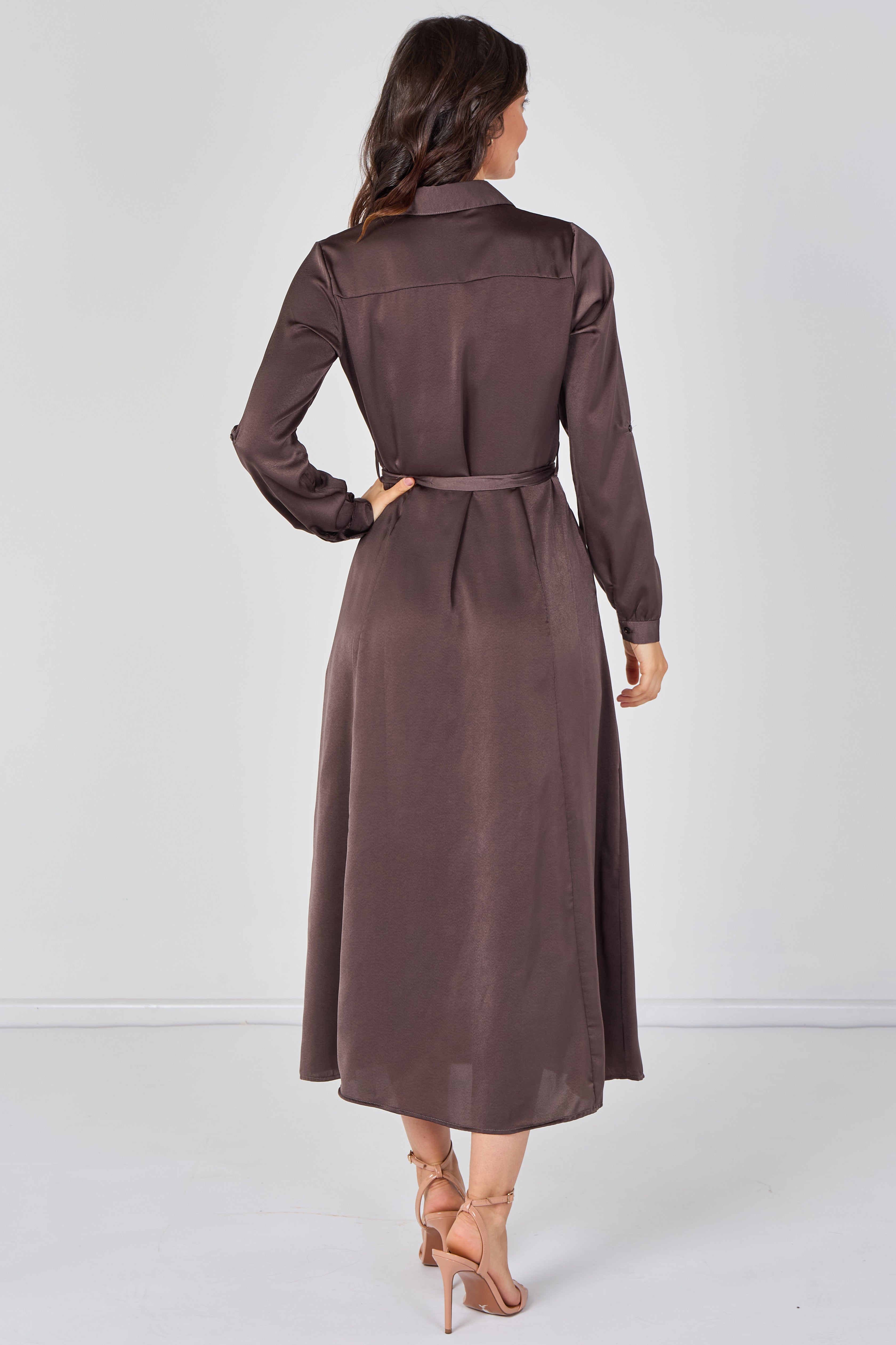 Mocha Brown Velvety Satin Belted Maxi Shirt Dress LS-2443L-CSR-156