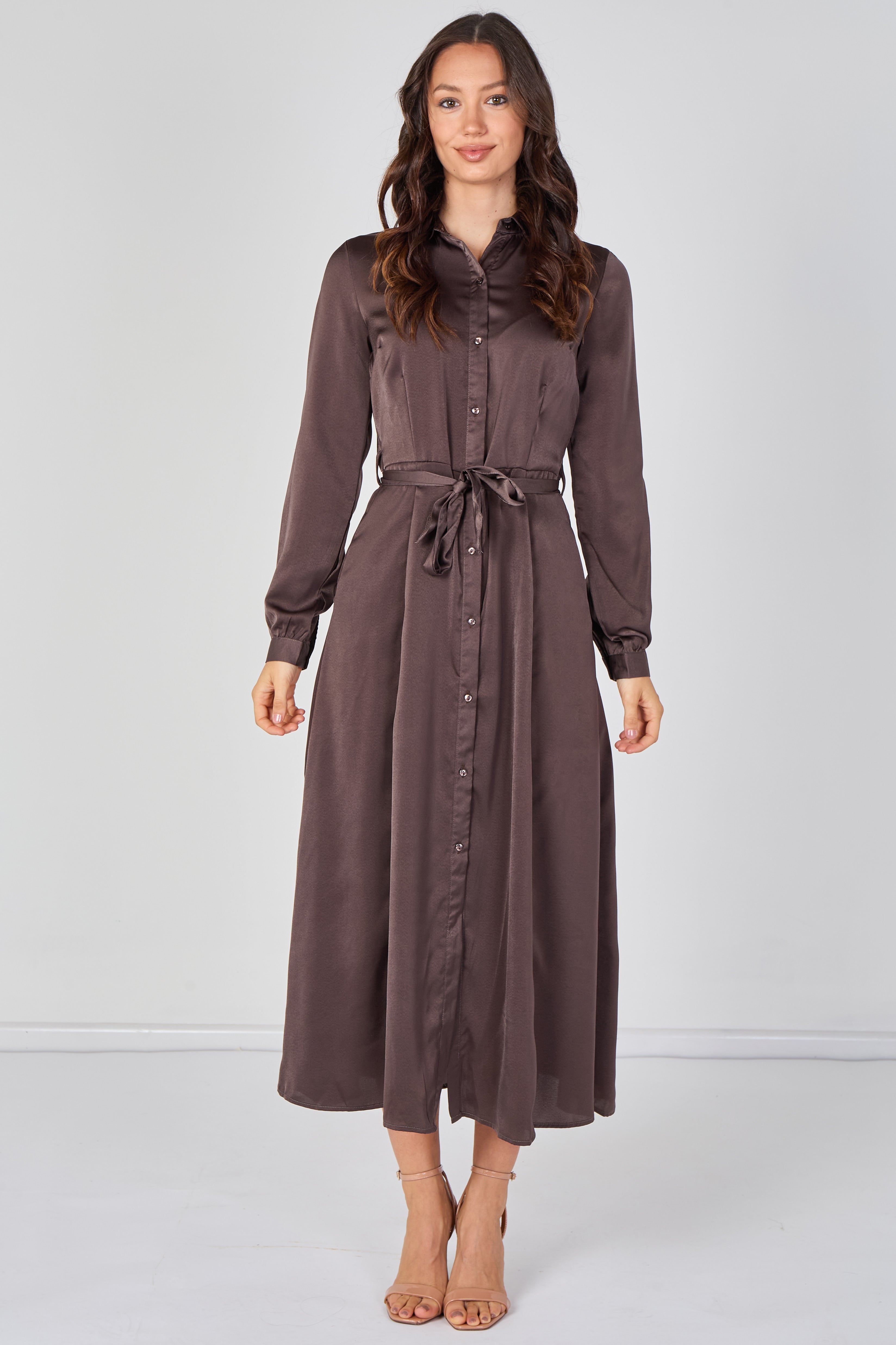 Mocha Brown Velvety Satin Belted Maxi Shirt Dress LS-2443L-CSR-156