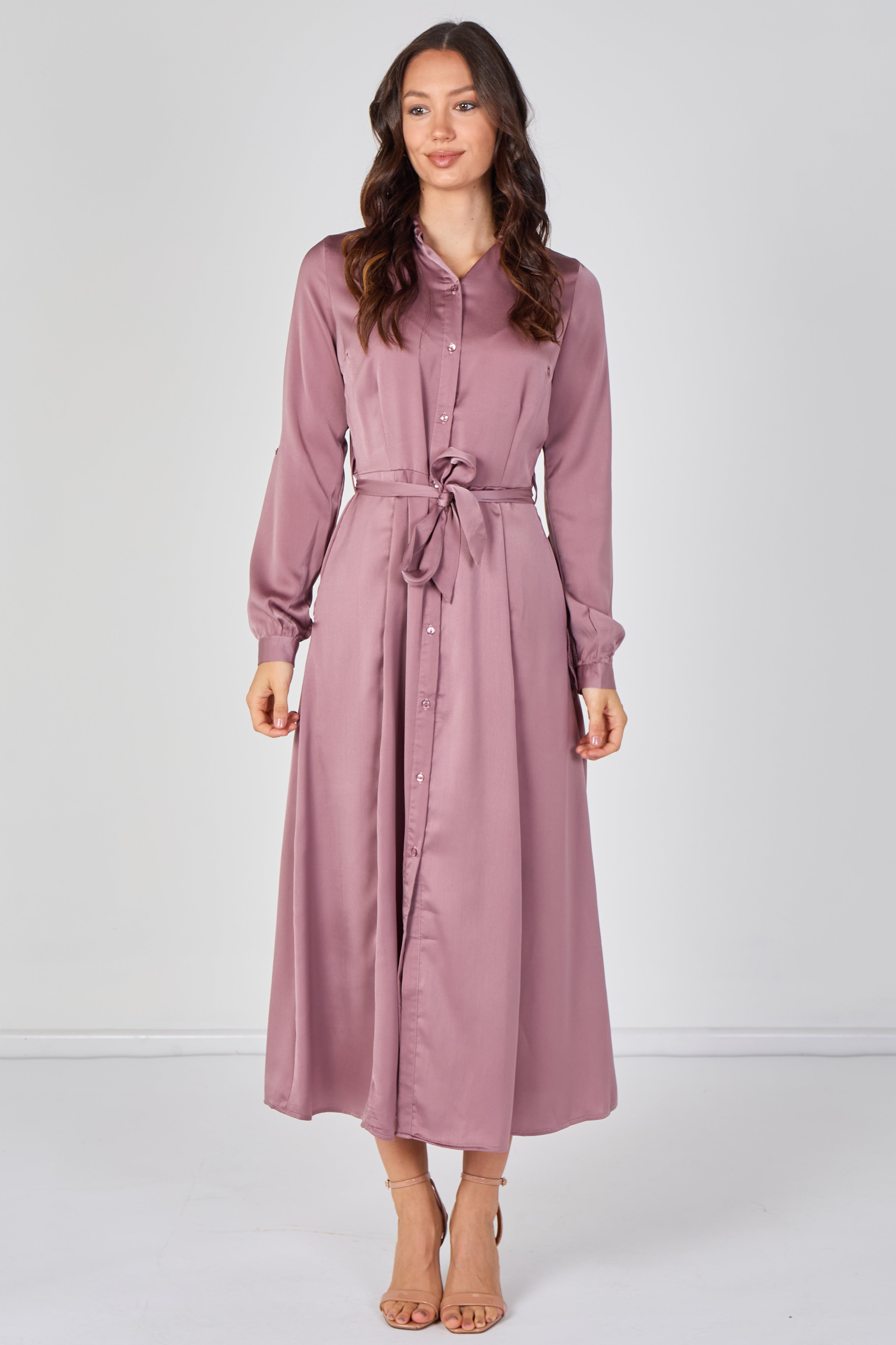 Dusty Rose Velvety Satin Belted Maxi Shirt Dress LS-2443L-CSR-219