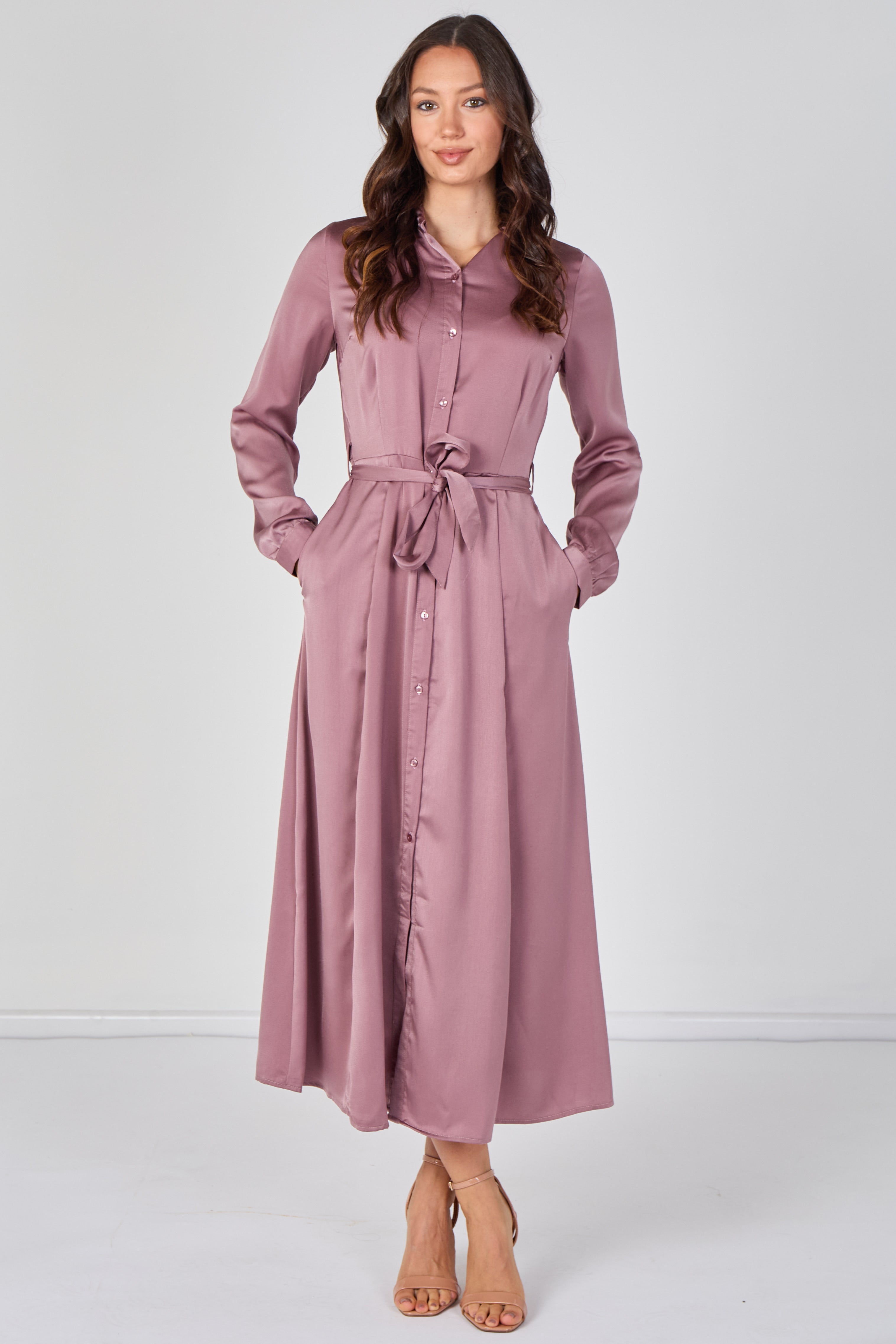 Dusty Rose Velvety Satin Belted Maxi Shirt Dress LS-2443L-CSR-219