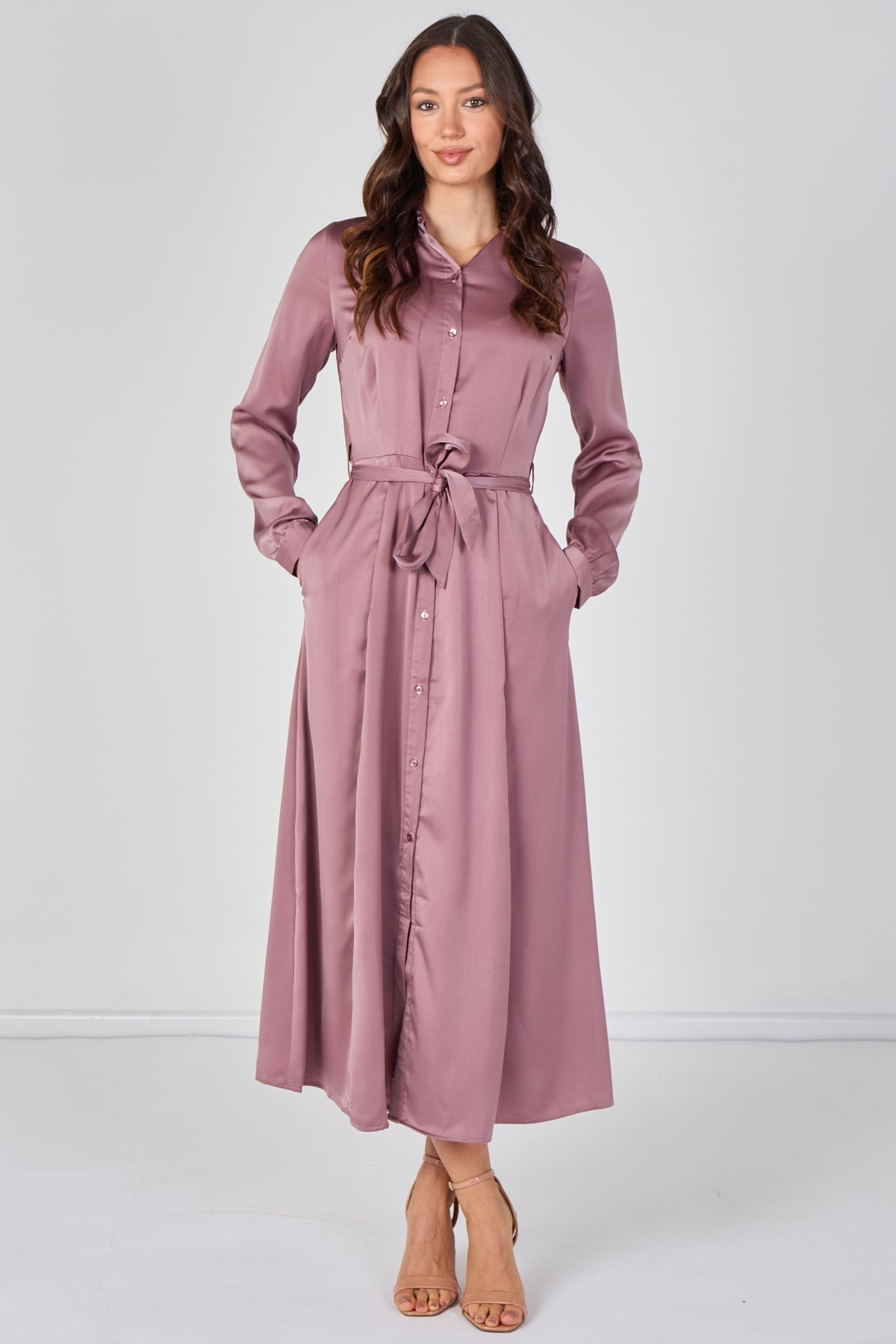 Dusty Rose Velvety Satin Belted Maxi Shirt Dress LS-2443L-CSR-219