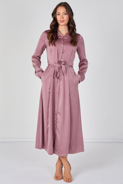 Pink - Dusty Rose Velvety Satin Belted Maxi Shirt Dress by LOVE SUNSHINE