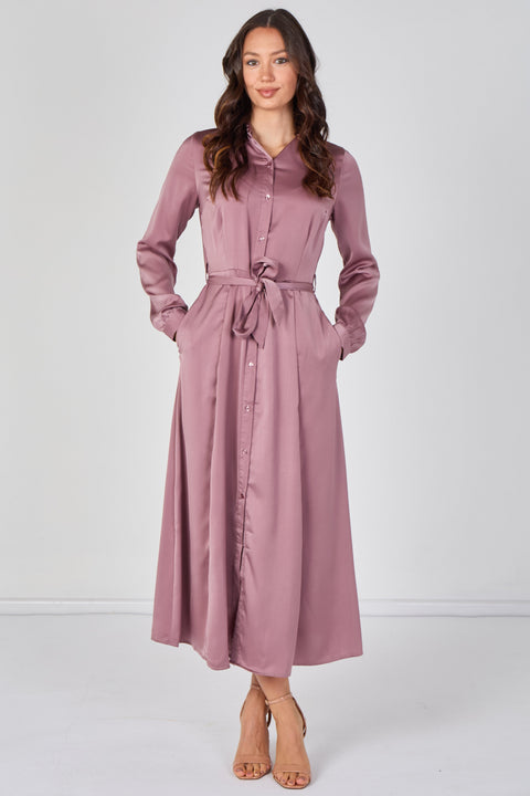 Dusty Rose Velvety Satin Belted Maxi Shirt Dress by LOVE SUNSHINE