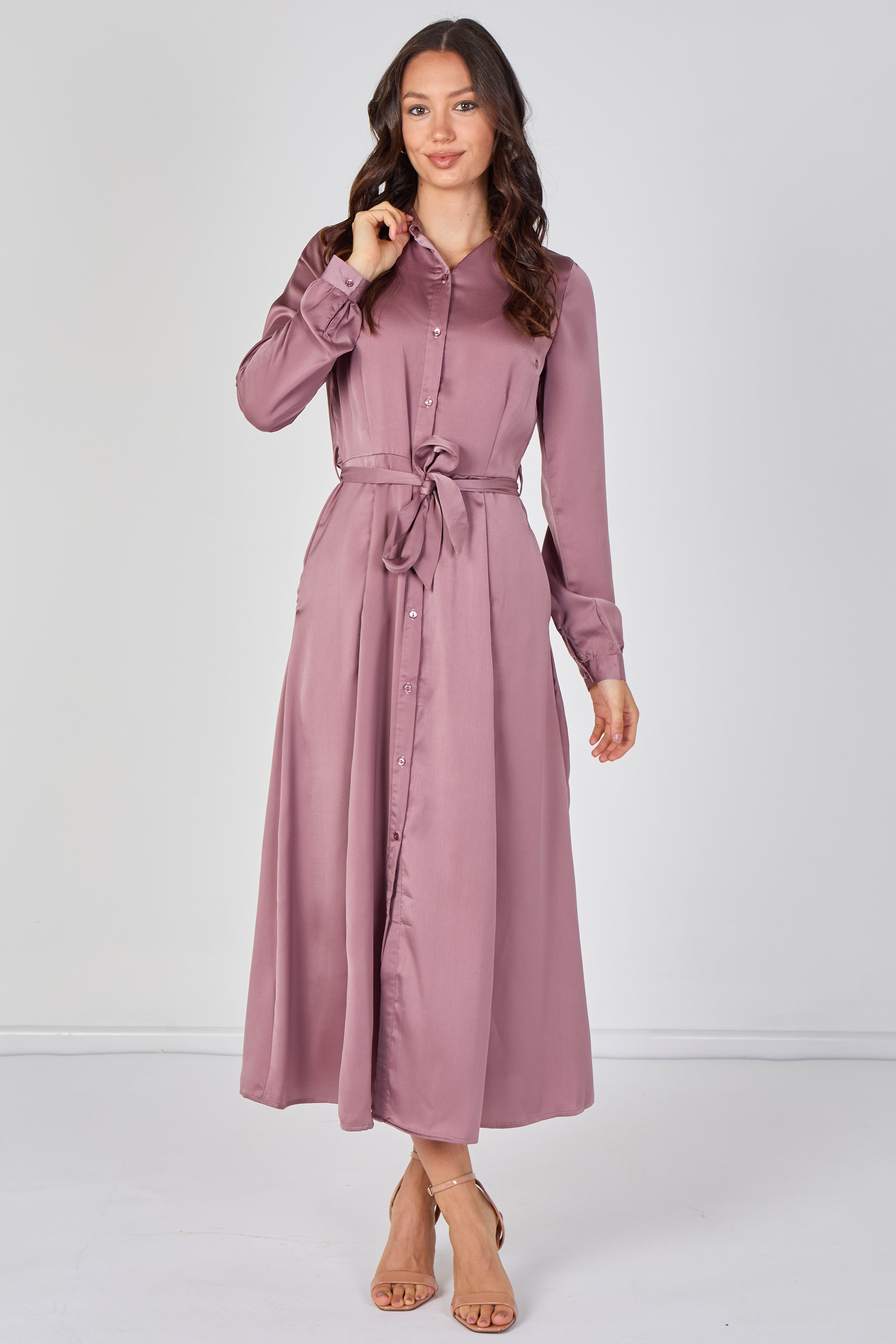 Dusty Rose Velvety Satin Belted Maxi Shirt Dress LS-2443L-CSR-219