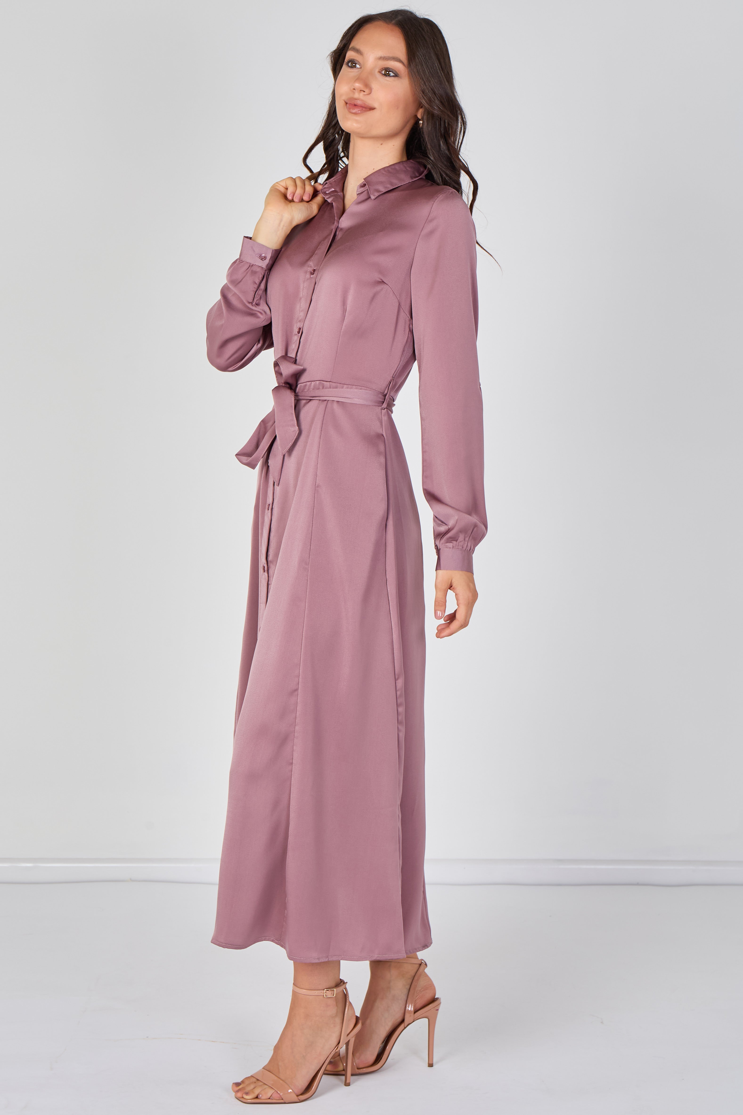 Dusty Rose Velvety Satin Belted Maxi Shirt Dress LS-2443L-CSR-219