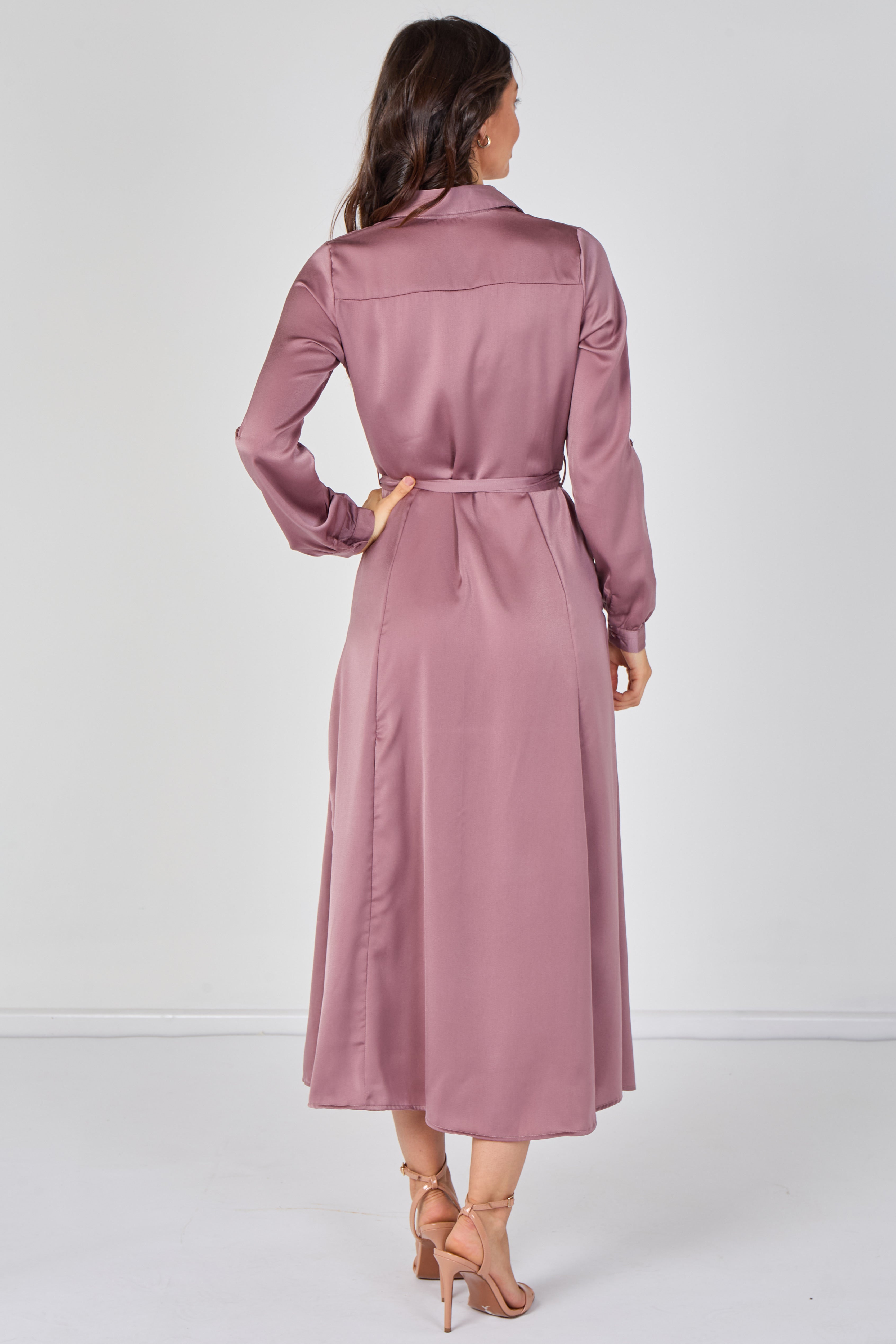 Dusty Rose Velvety Satin Belted Maxi Shirt Dress LS-2443L-CSR-219