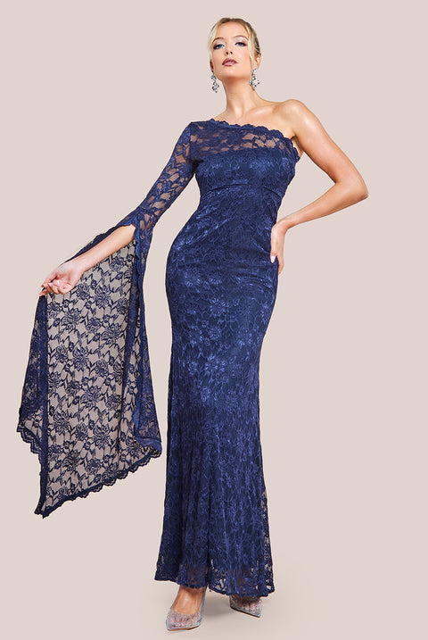 One Shoulder Scalloped Neck Maxi Dress - Navy Blue by Goddiva