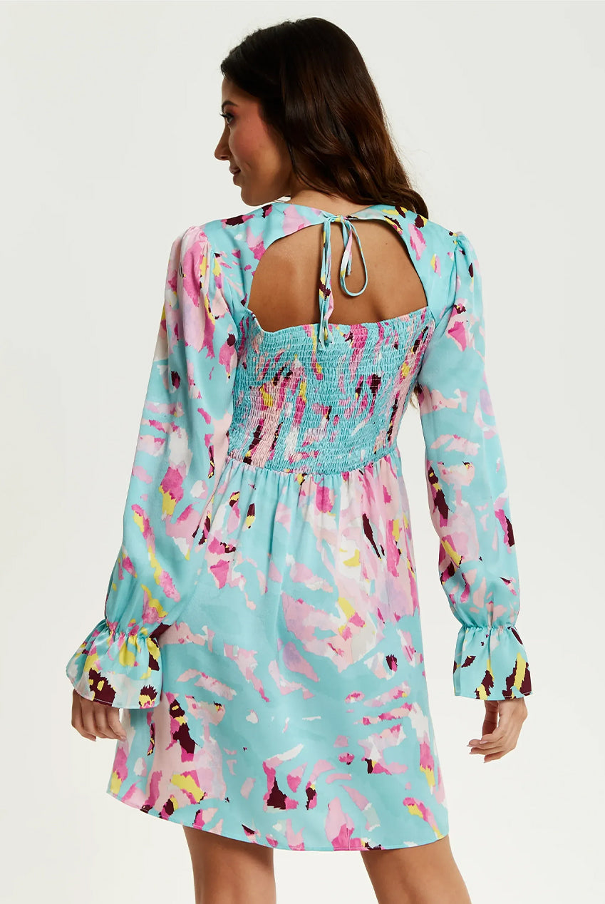 Blue Abstract Print Mini Dress With Open Back And Long Sleeves 269-LIQ23SS116