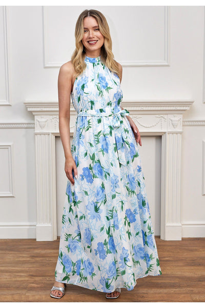 Blue - Chiffon Halter Neck Maxi Dress With Tie Waist In White Blue Floral by Angeleye