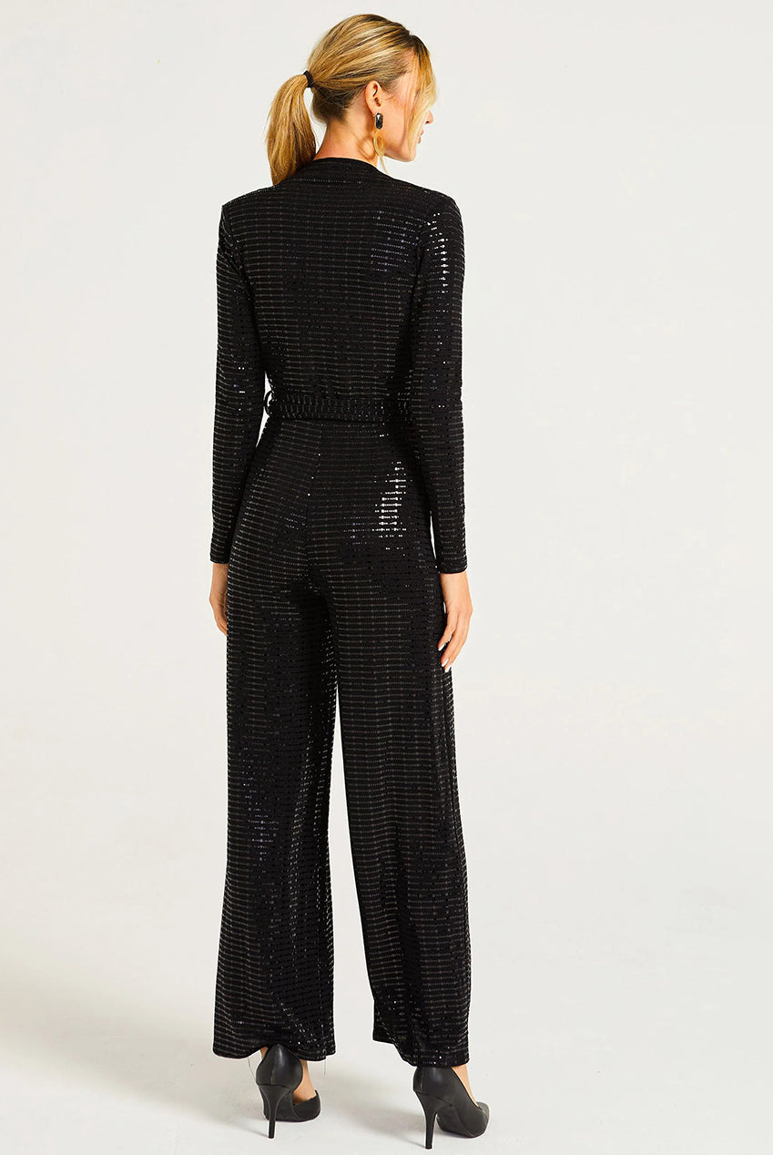 Sequin Plunge Neck Jumpsuit In Black M043143
