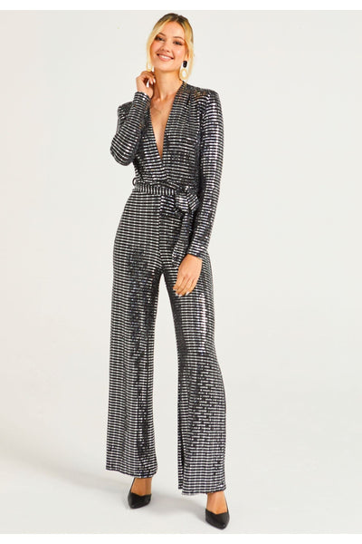 Silver - Sequin Plunge Neck Faux Wrap Jumpsuit In Silver by Angeleye