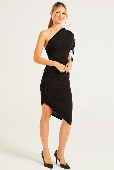 Black - BodyCon Midi Dress With One Shoulder Adjustable Sleeve by Angeleye