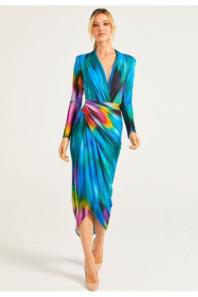 Blue - Plunge Neck Faux Wrap Print Midi Dress In Tie Dye by Angeleye