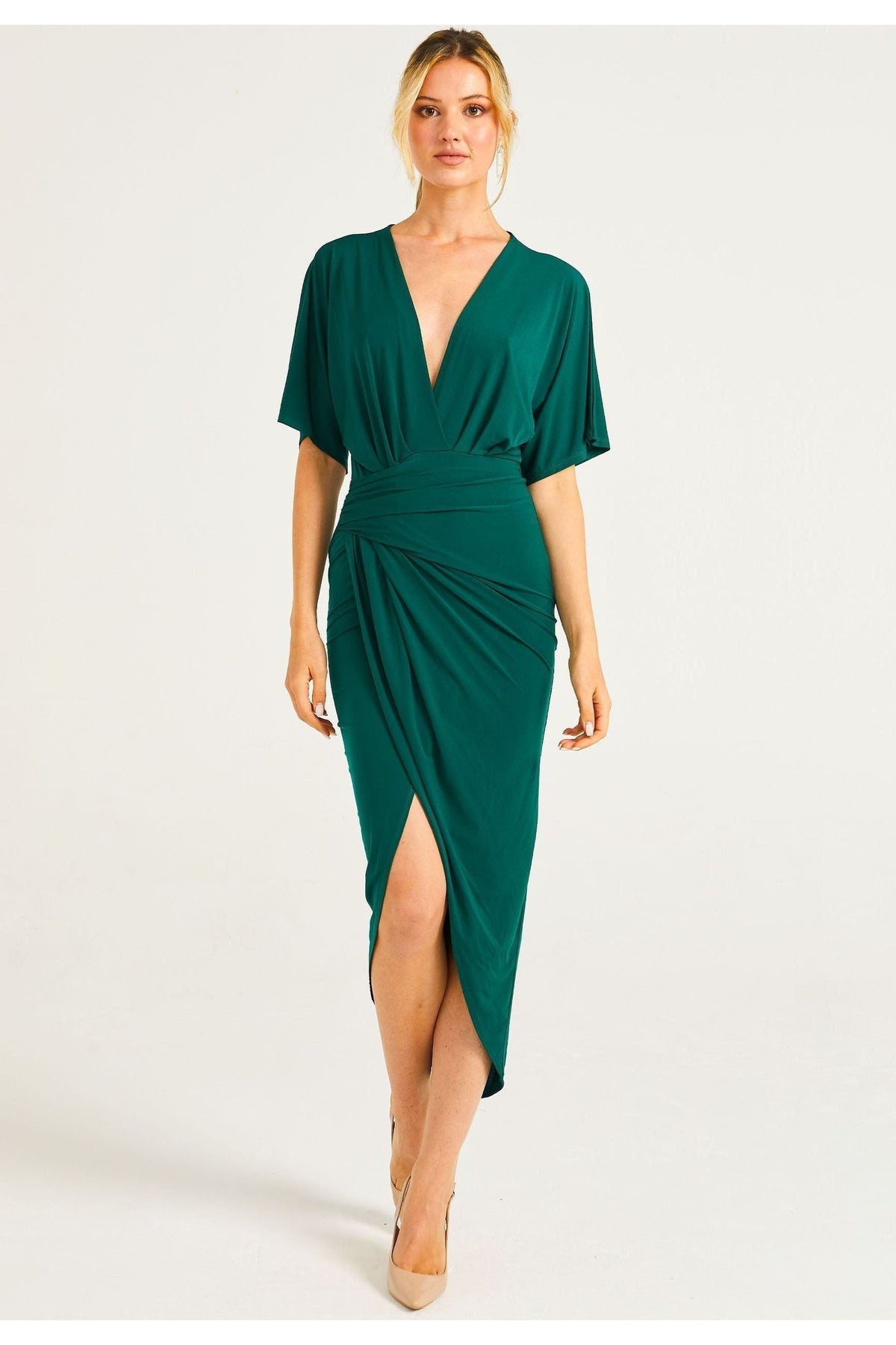 Plunge Neck Wrap Style Midi Dress With Flutter Sleeve M036090GRNF