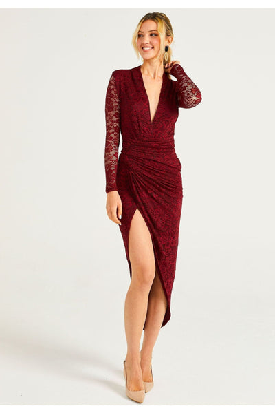 Burgundy - Lace Plunge Neck Faux Wrap Midi Dress In Burgundy by Angeleye