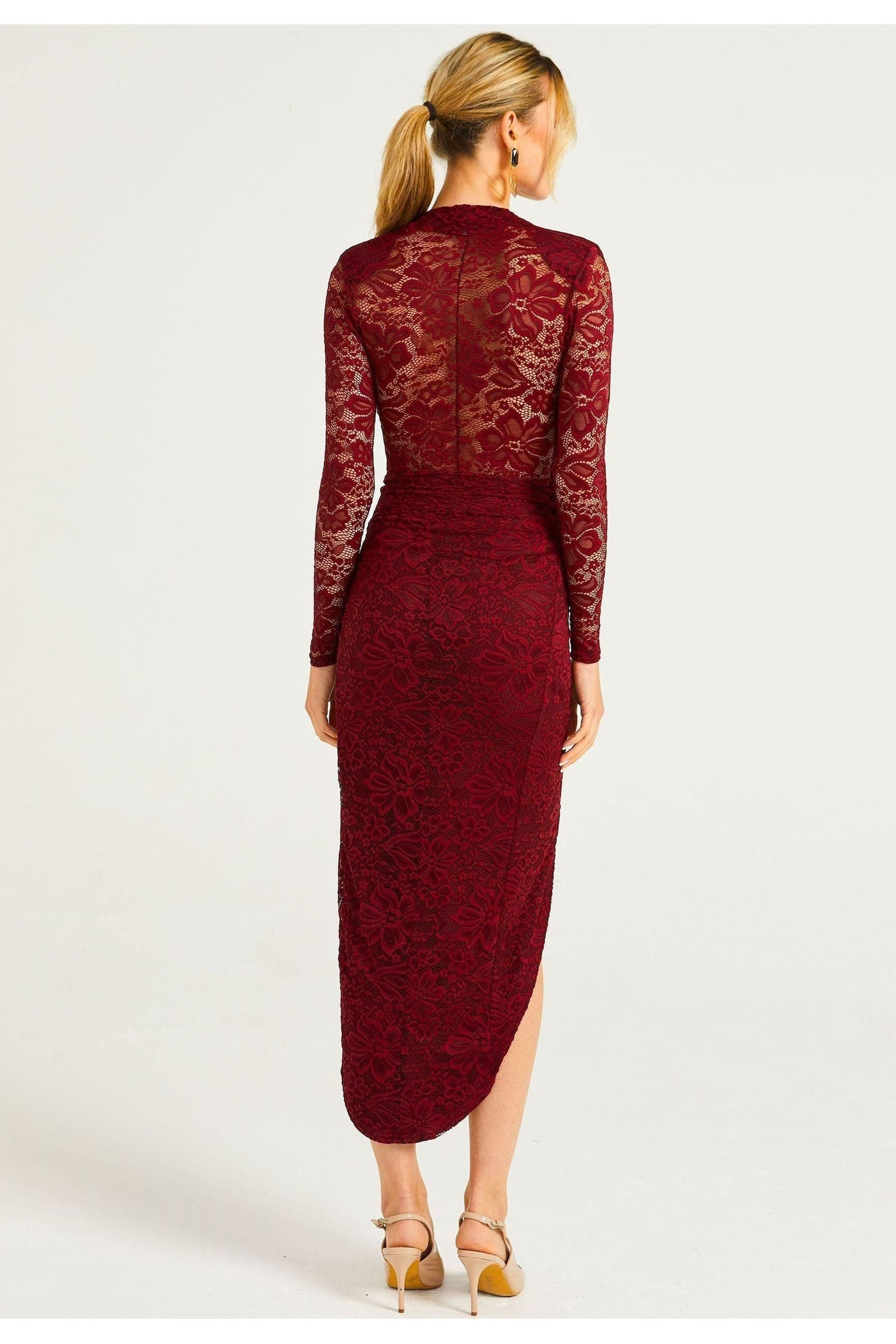 Lace Plunge Neck Faux Wrap Midi Dress In Burgundy
