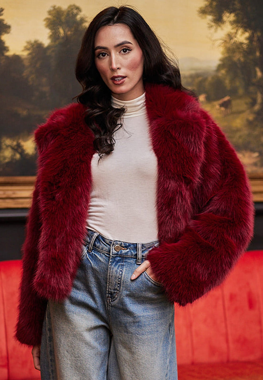 Faux Fur Short Coat In Burgundy M036321