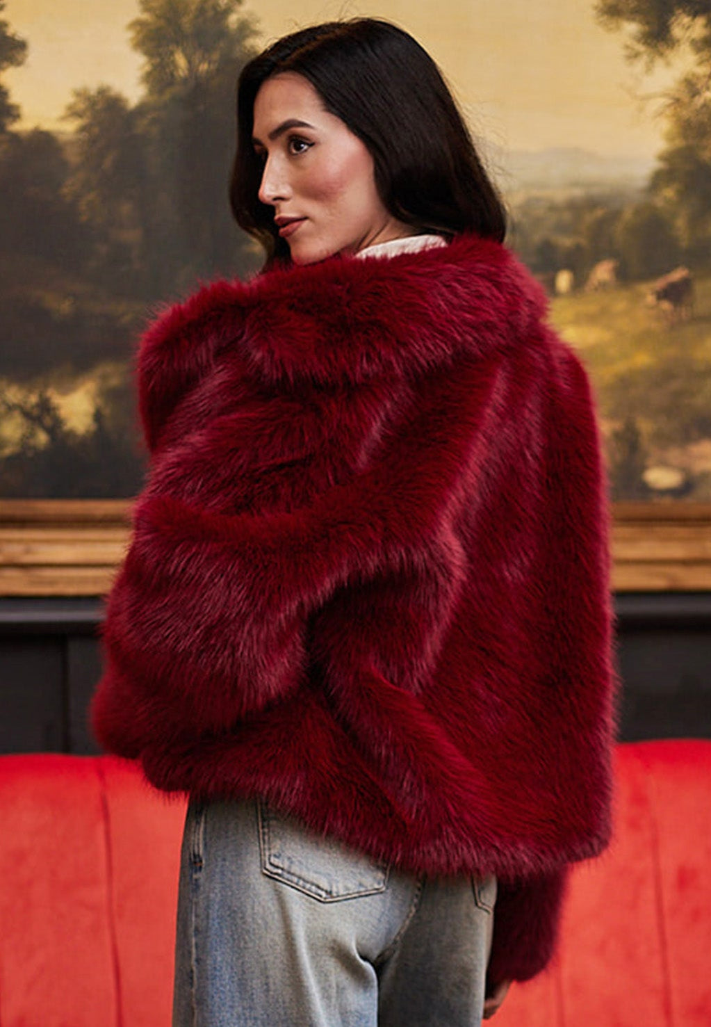 Faux Fur Short Coat In Burgundy M036321