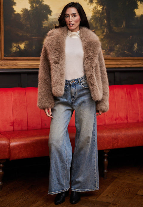 Faux Fur Short Coat In Coffee by Angeleye