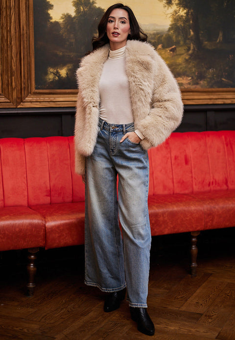 Faux Fur Short Coat In Cream by Angeleye
