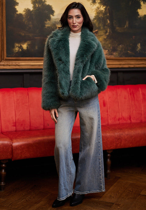 Faux Fur Short Coat In Teal by Angeleye