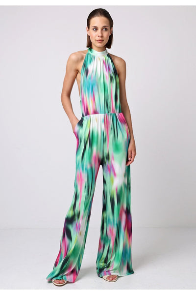 Green - Halterneck Jumpsuit With Elasticated Waist In Brush Stroke Print by Angeleye