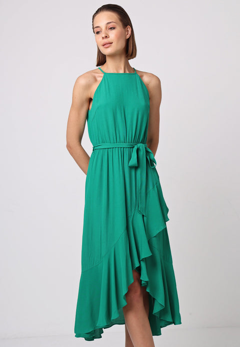 Angeleye Halterneck Midi Dress With Wrap Ruffle Skirt And Tie Belt In Green