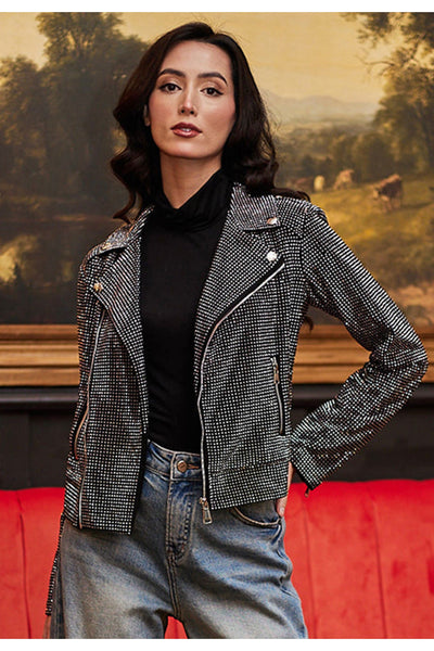 Black - Sequin Biker Jacket In Black by Angeleye