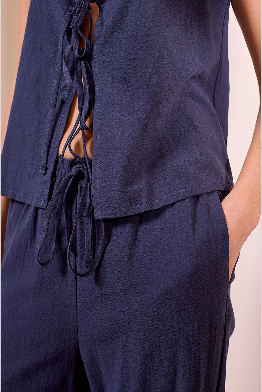 Tie-up Top And Trousers Co-ord Set In Navy M042487